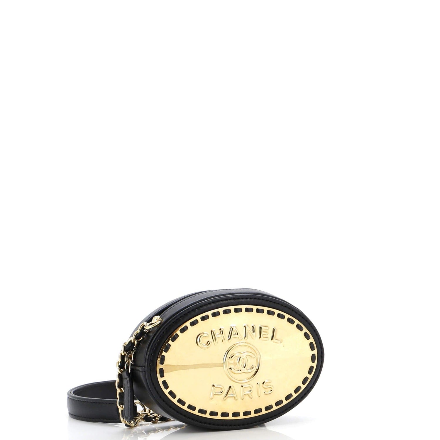 Chanel Logo Plate Oval Clutch With Chain Metal And Lambskin