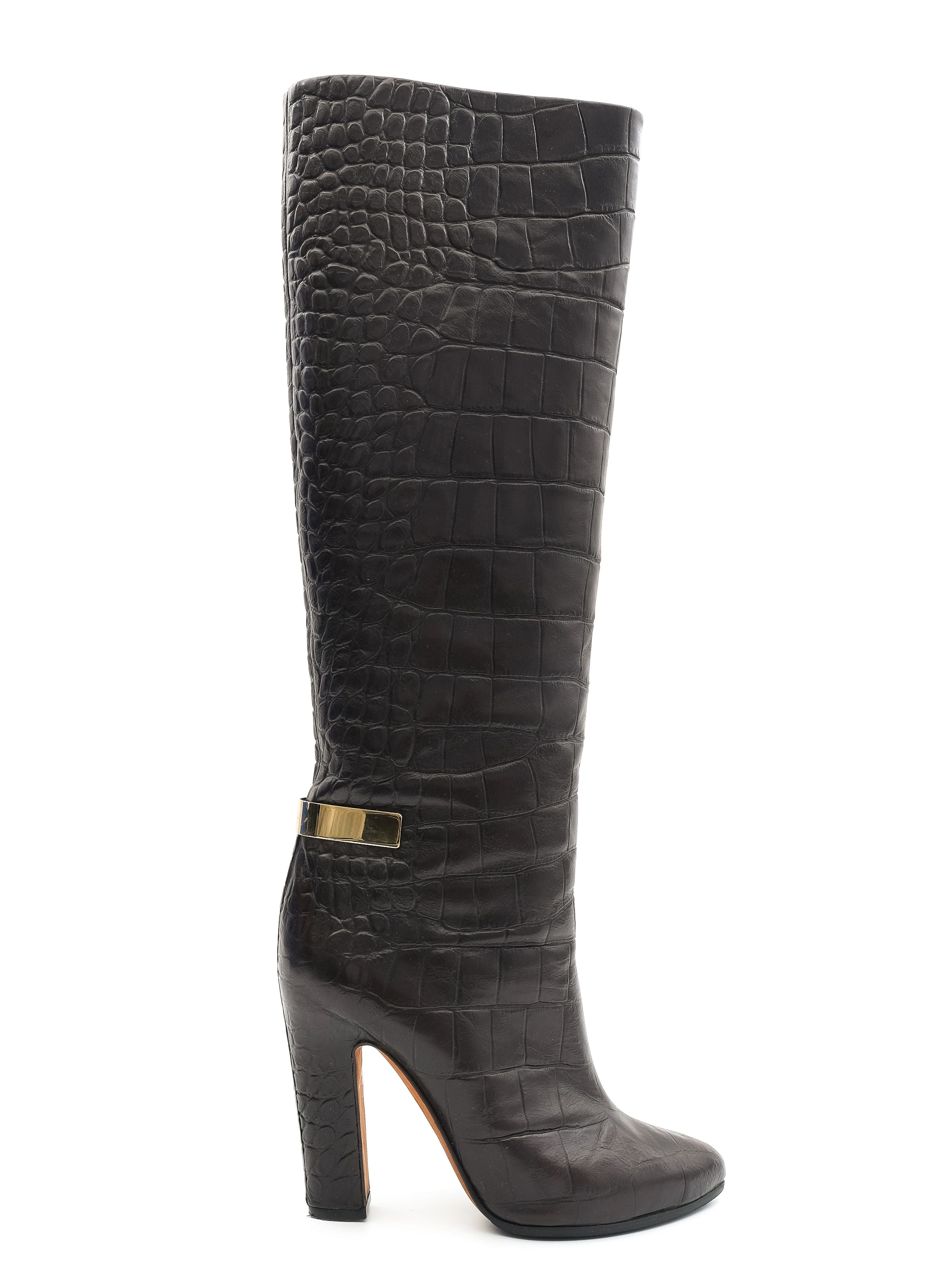 NEW Givenchy Black Leather Knee-High Boots with Gold Buckle Size 37.5