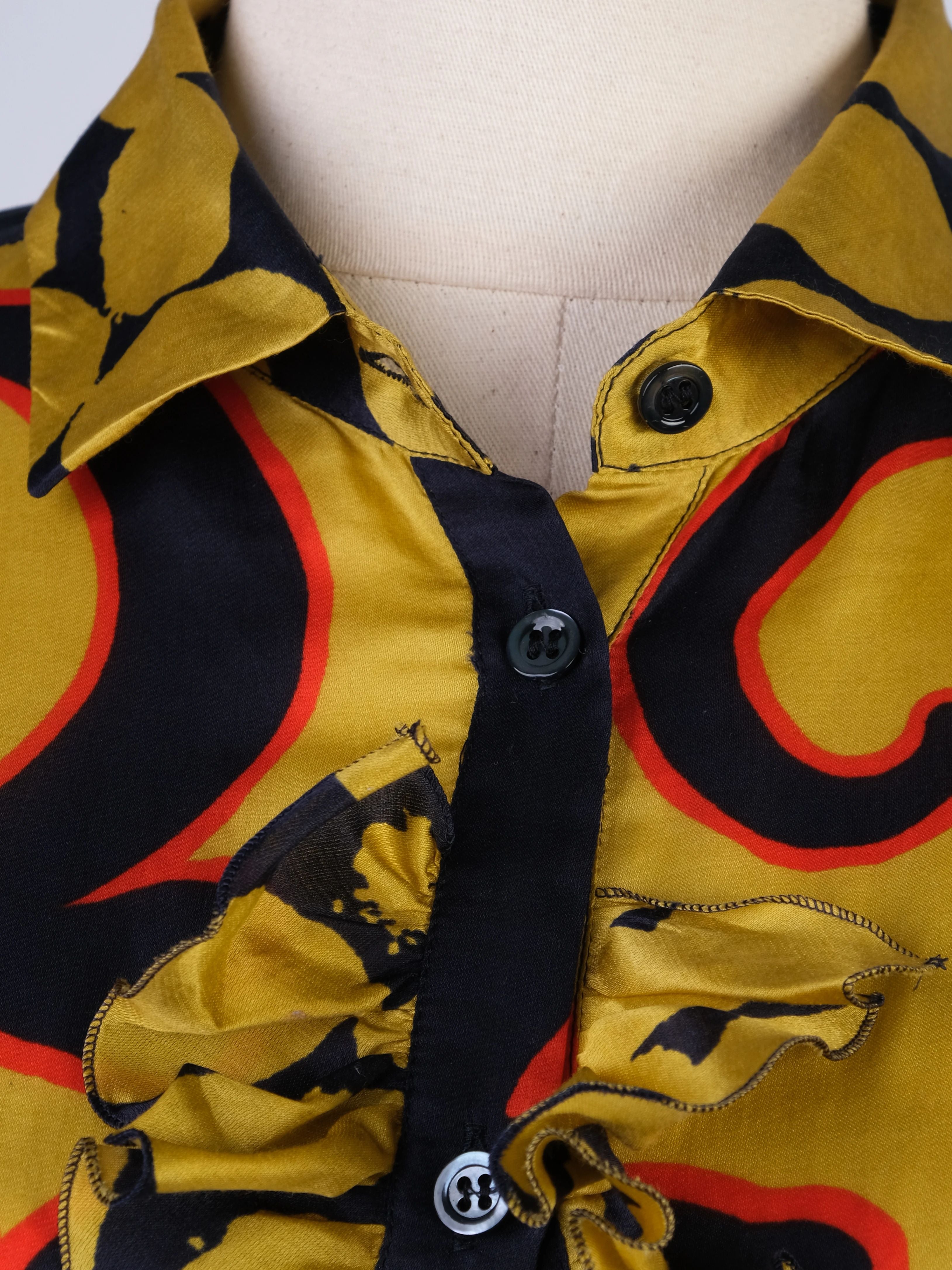 Excellent Moschino Long-Sleeved Silk Blouse Bold Pattern Women