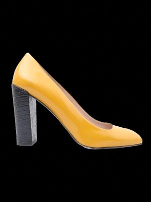 Excellent MaxCo Yellow Leather High-Heeled Shoes with Chunky Black Heel