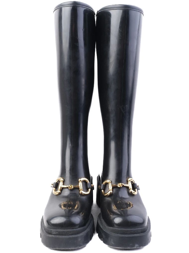 Excellent Gucci Black Knee-High Platform Boots with Gold Buckle Detail