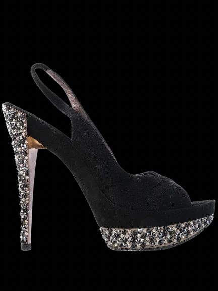 Casadei Black Genuine Suede High-Heeled Slingback Shoes Size 37.5