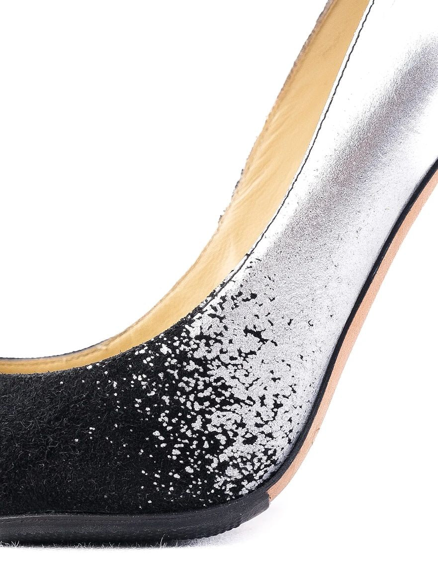 Excellent Jimmy Choo Black Silver High-Heeled Shoes Leather Women&