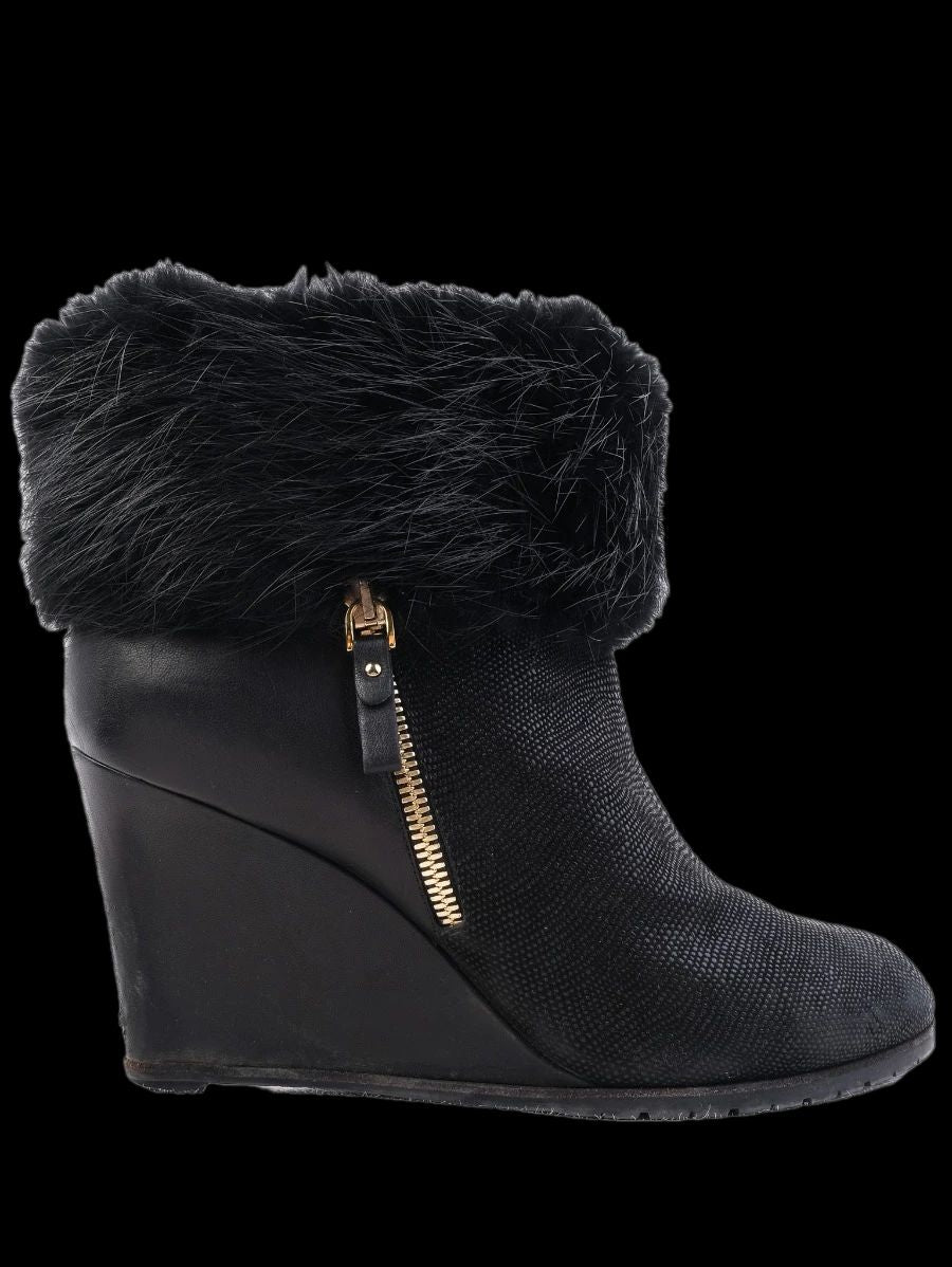 Excellent Sergio Rossi Black Leather Wedge Ankle Boots Size 38.5