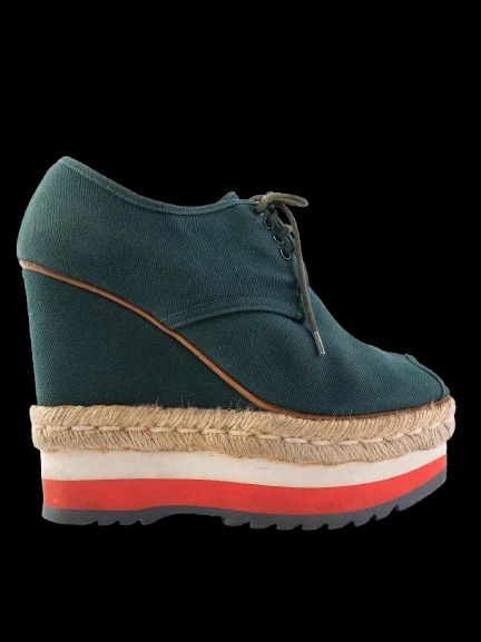 Excellent Prada Green Fabric Wedge Shoes Size 37.5 with Platform Sole