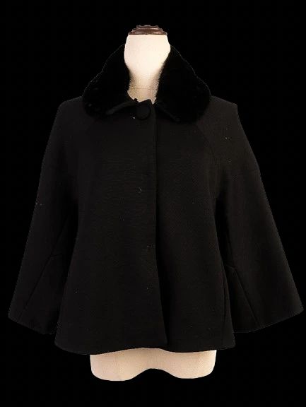 Excellent Moschino Black Wool Swing Coat with Fur Collar for Women