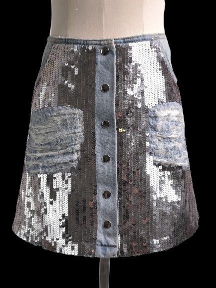 Excellent Au Jour Le Jour Blue Denim Skirt with Sequins Size S