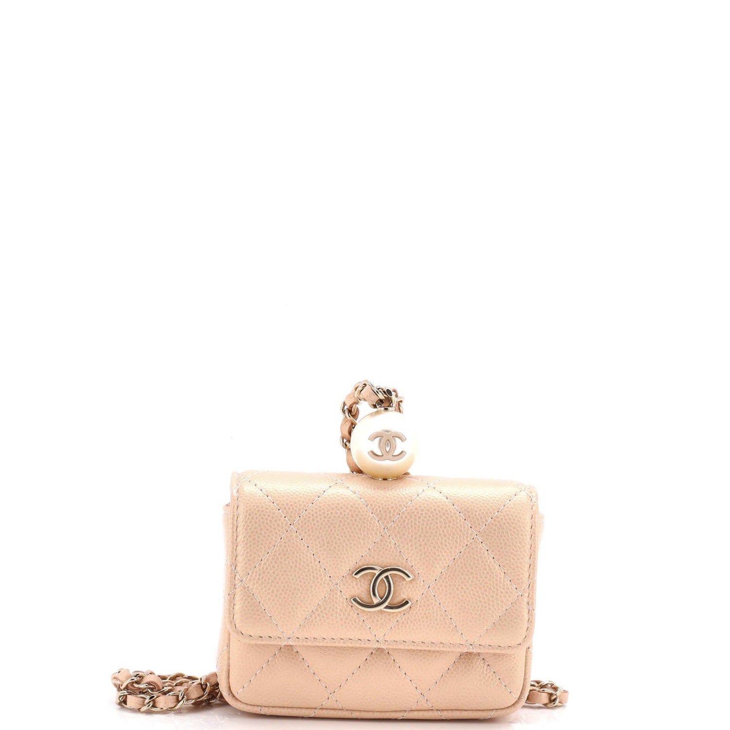 Chanel CC Pearl Coin Card Holder With Chain Quilted Caviar