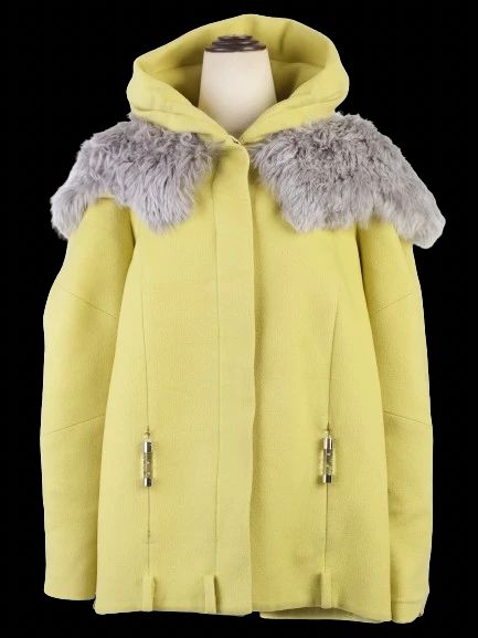 Excellent Emilio Pucci Yellow Wool Hooded Coat Size M with Fur Collar