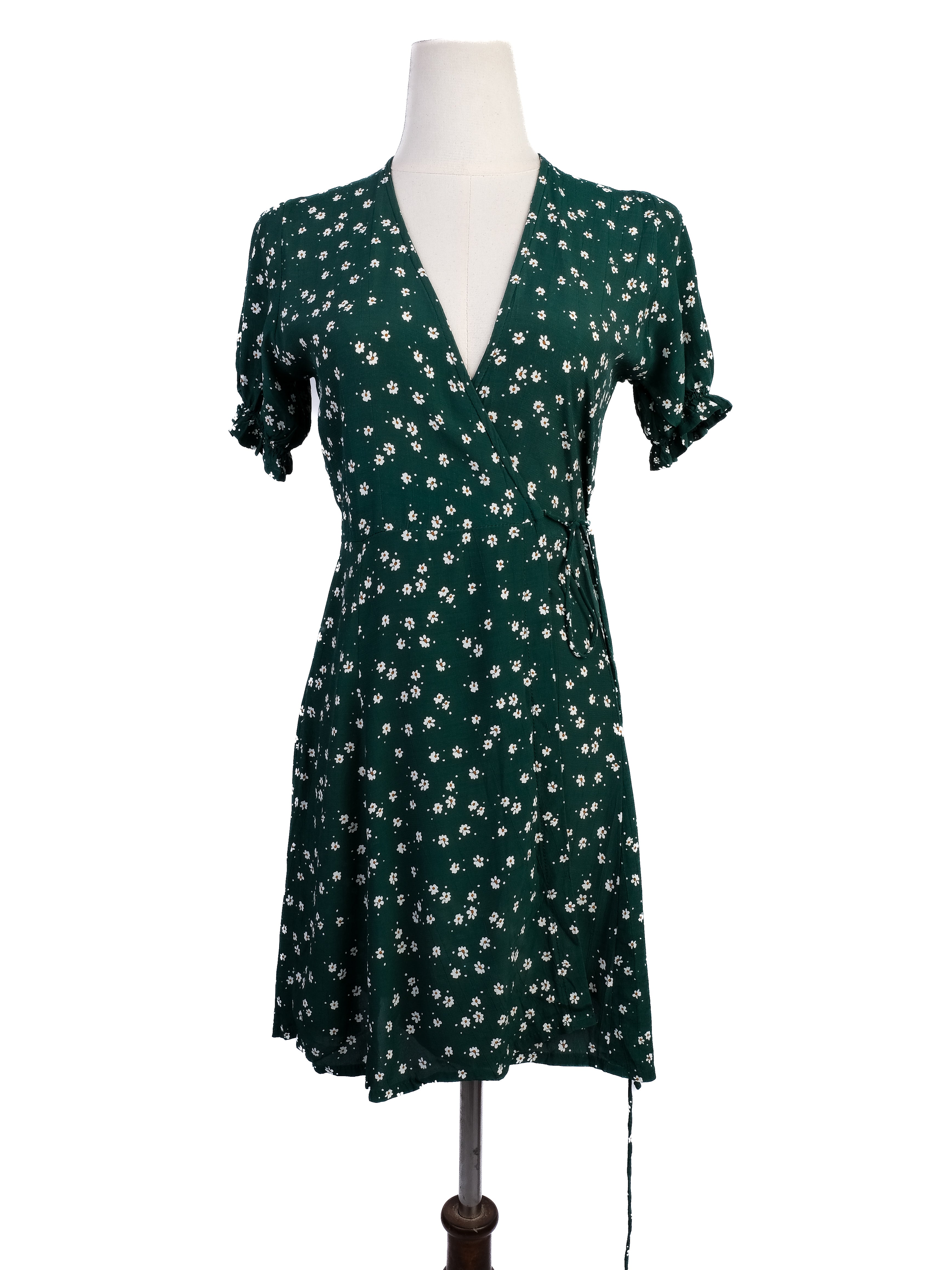Excellent Faithfull The Brand Green Floral Wrap Dress XS V-Neck