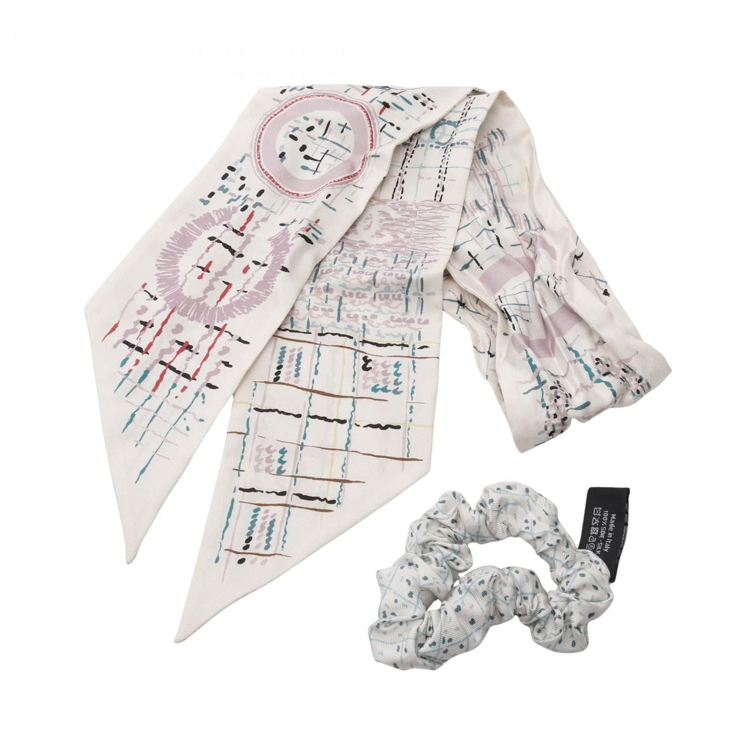 Chanel White Multicolor Coco Mark Scrunchie Scarf Silk