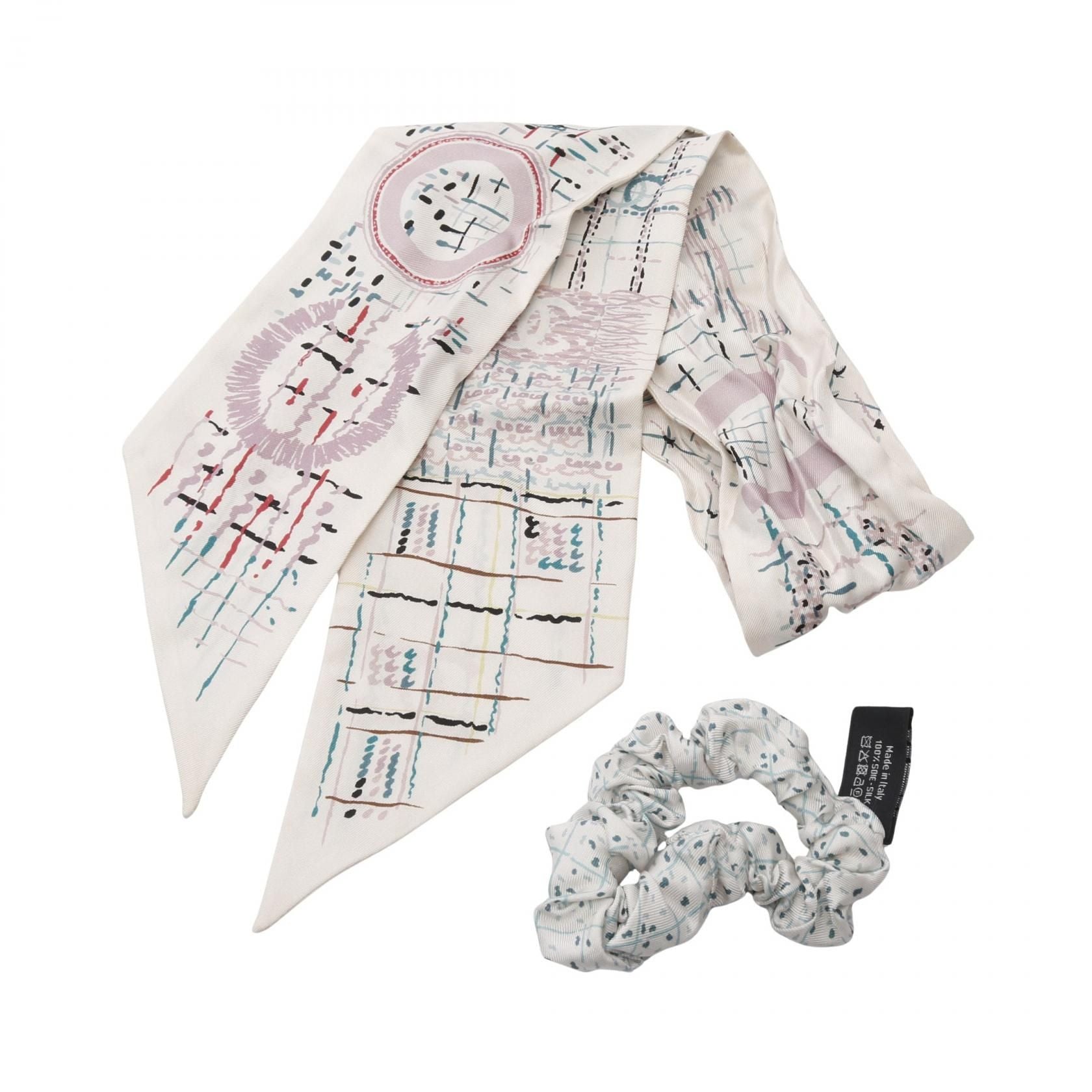 Chanel White Multicolor Coco Mark Scrunchie Scarf Silk