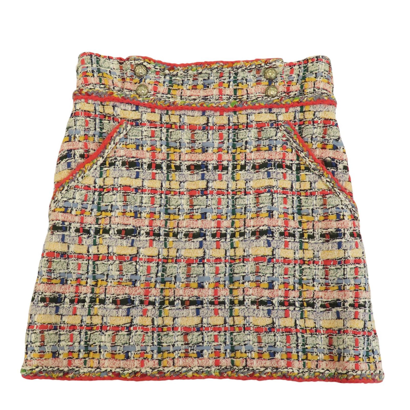 Chanel Pink Yellow Blue Tweed Skirt 36