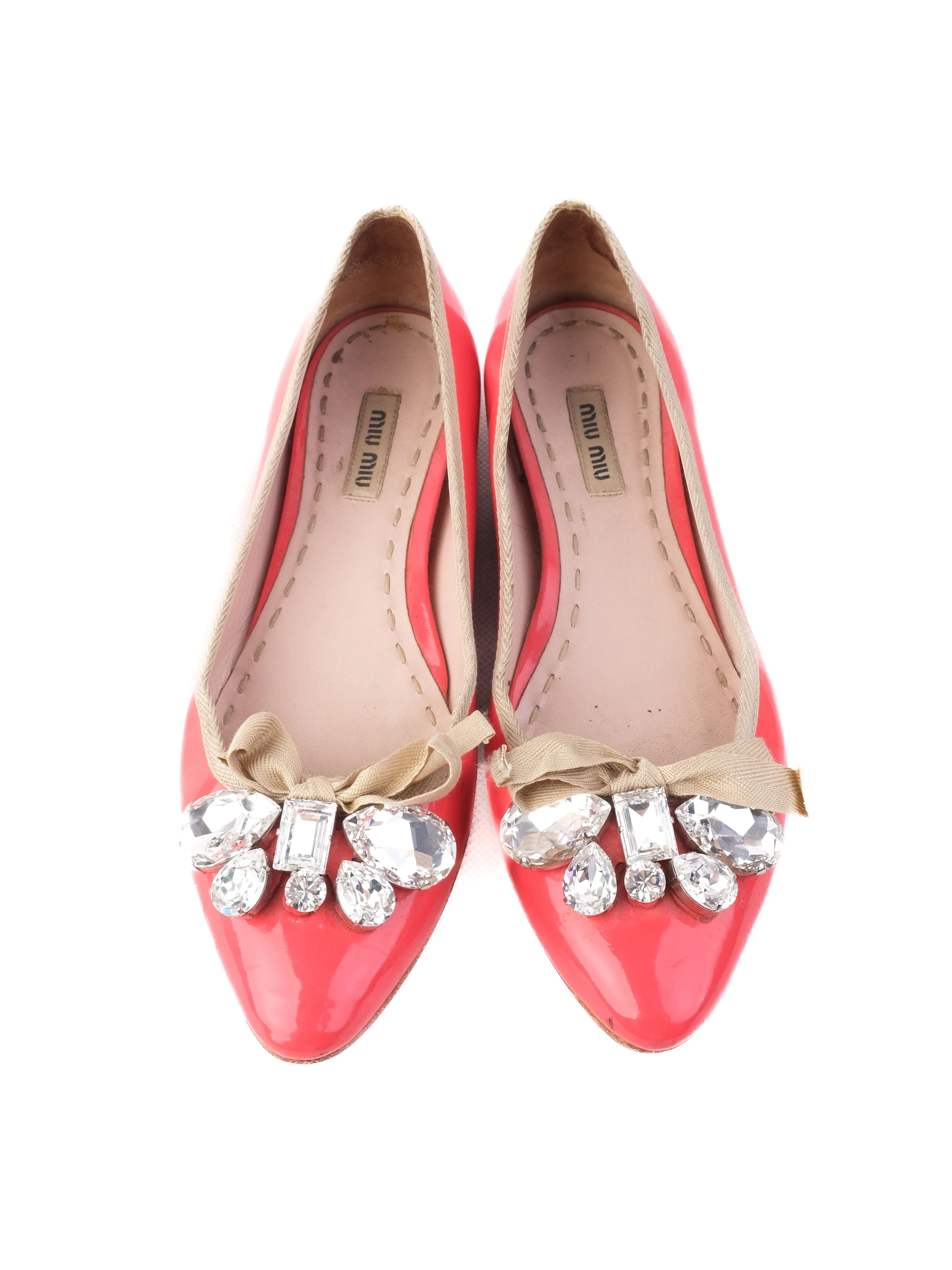 Excellent Miu Miu Pink Leather Ballet Flats Size 36.5 with Bow & Crystals
