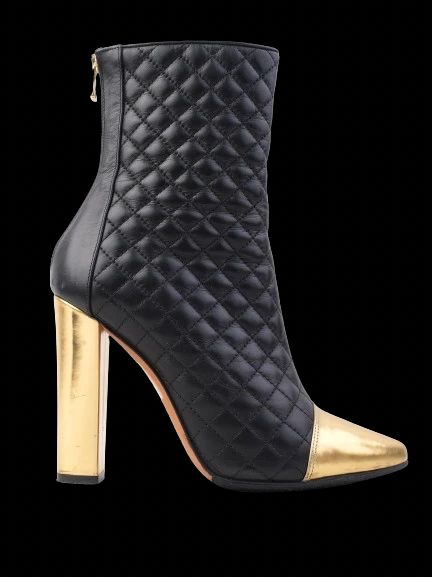 Excellent Balmain Black Leather Ankle Boots with Gold Accents, Size 39