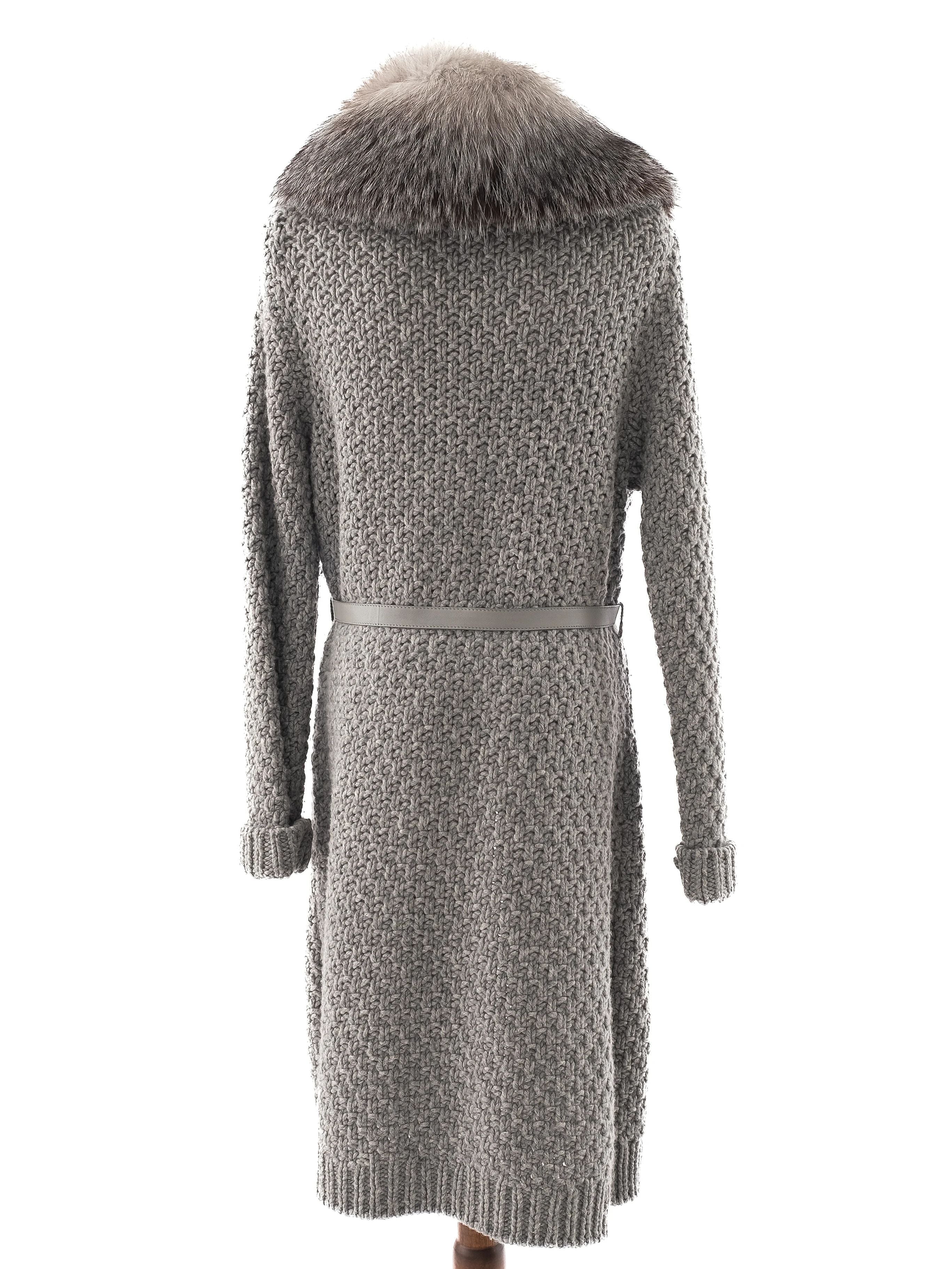 Loro Piana Gray Leather Knit Coat with Faux Fur Collar Size M