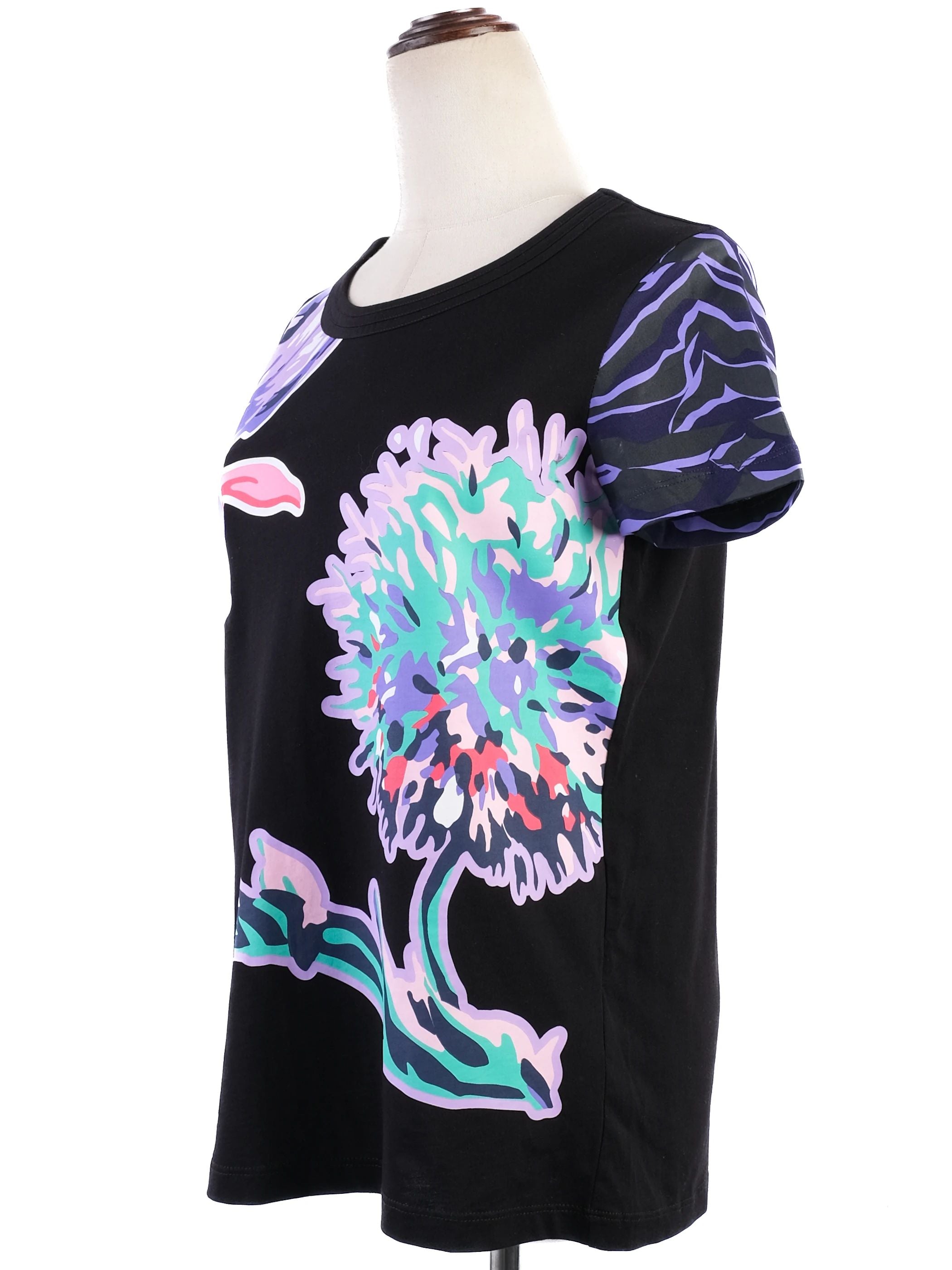 Excellent Kenzo Black Cotton T-Shirt with Colorful Floral Design, XS