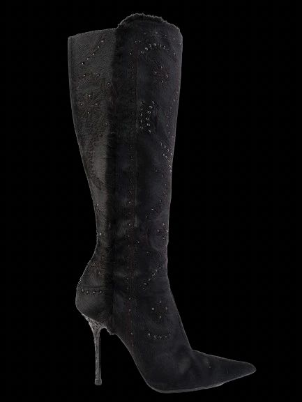 Excellent Lesilla Black Knee-High Stiletto Boots with Fur-Like Texture