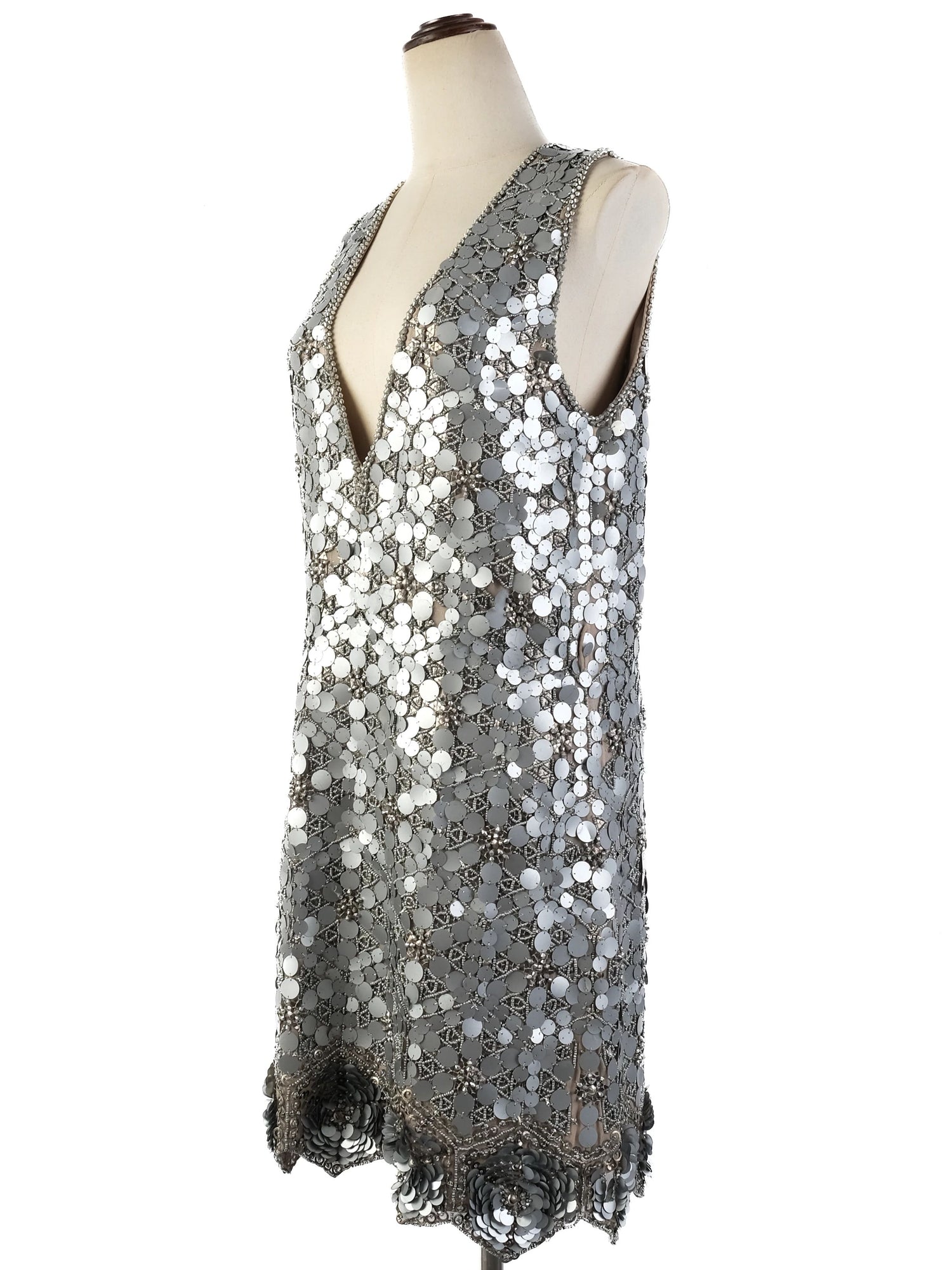 Excellent Gray Silk Sleeveless Dress with Sequin Embellishments
