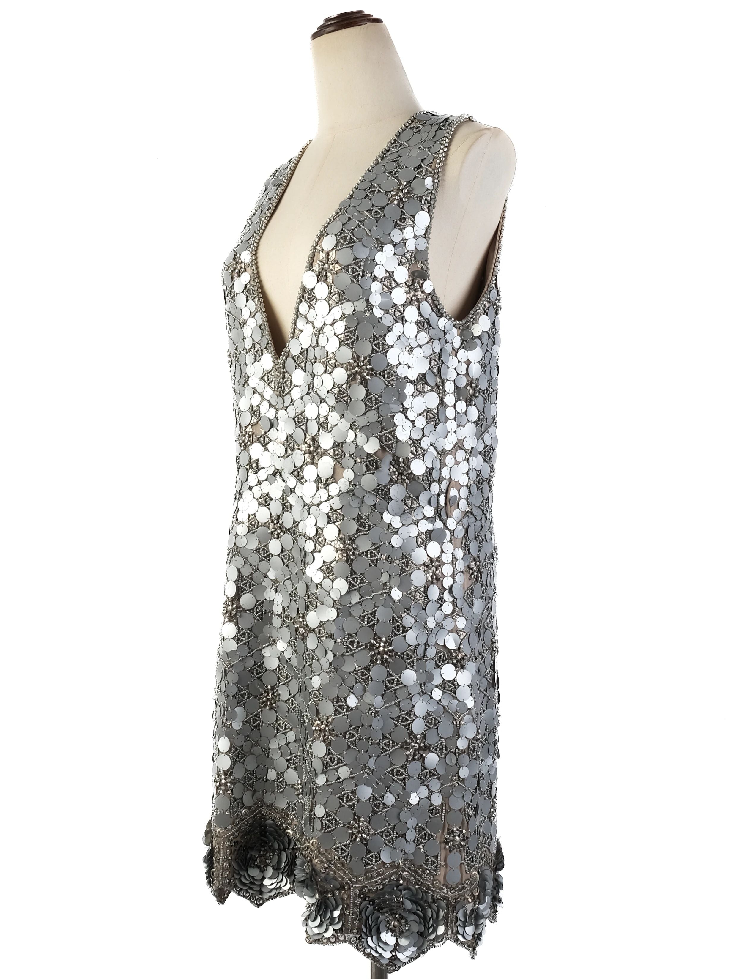 Excellent Gray Silk Sleeveless Dress with Sequin Embellishments