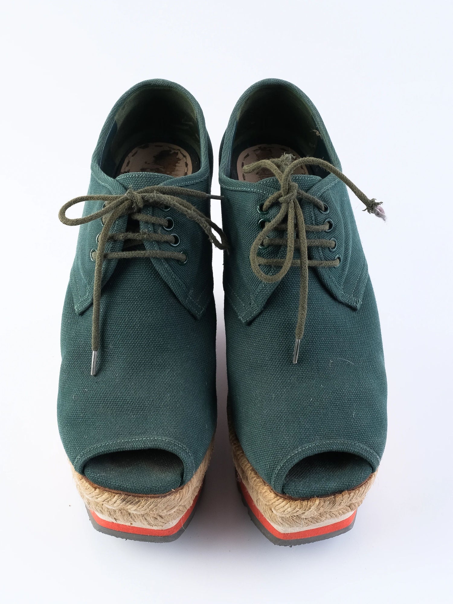 Excellent Prada Green Fabric Wedge Shoes Size 37.5 with Platform Sole