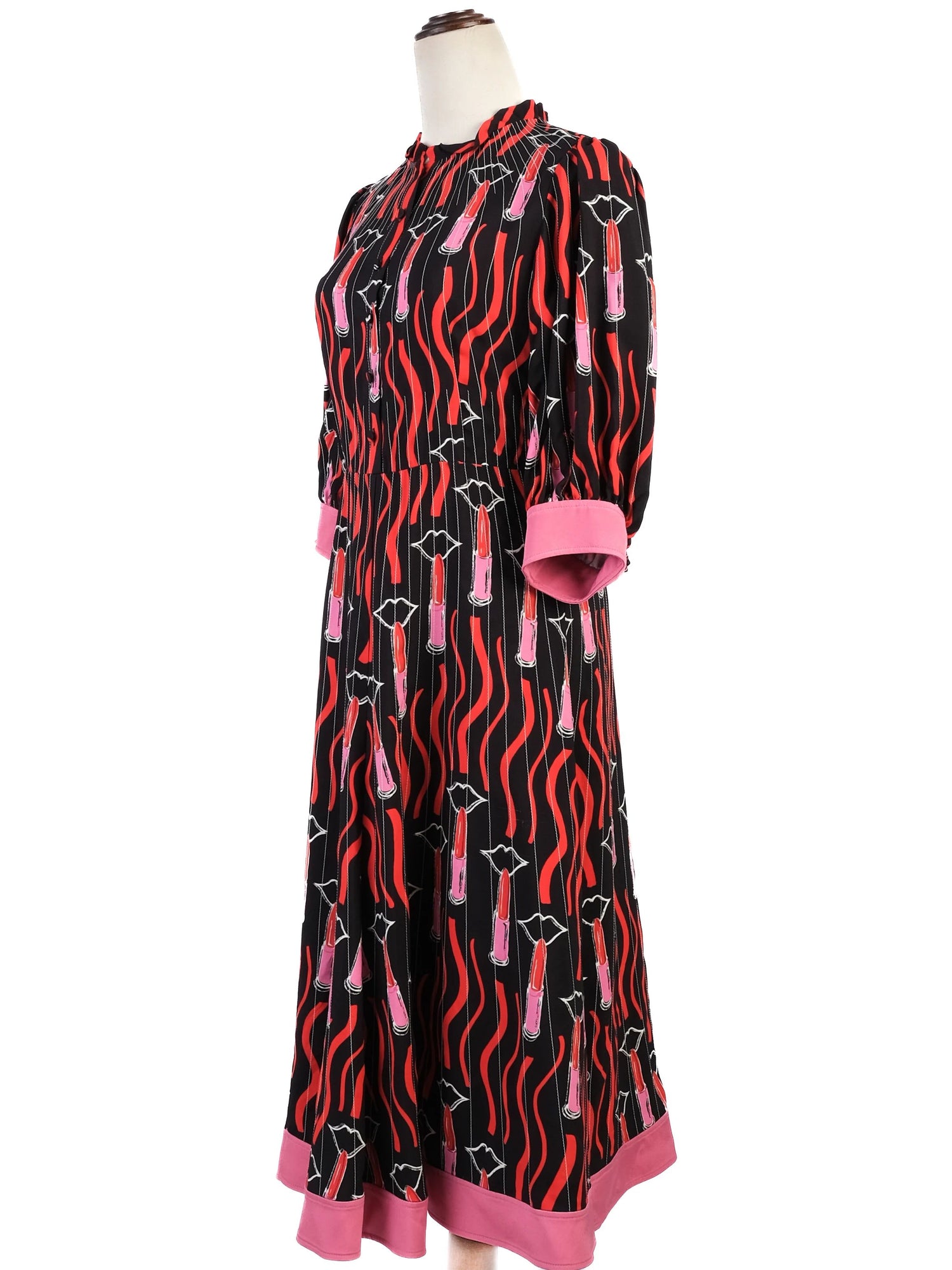 Excellent Valentino Black Dress with Vibrant Lipstick Print Size M