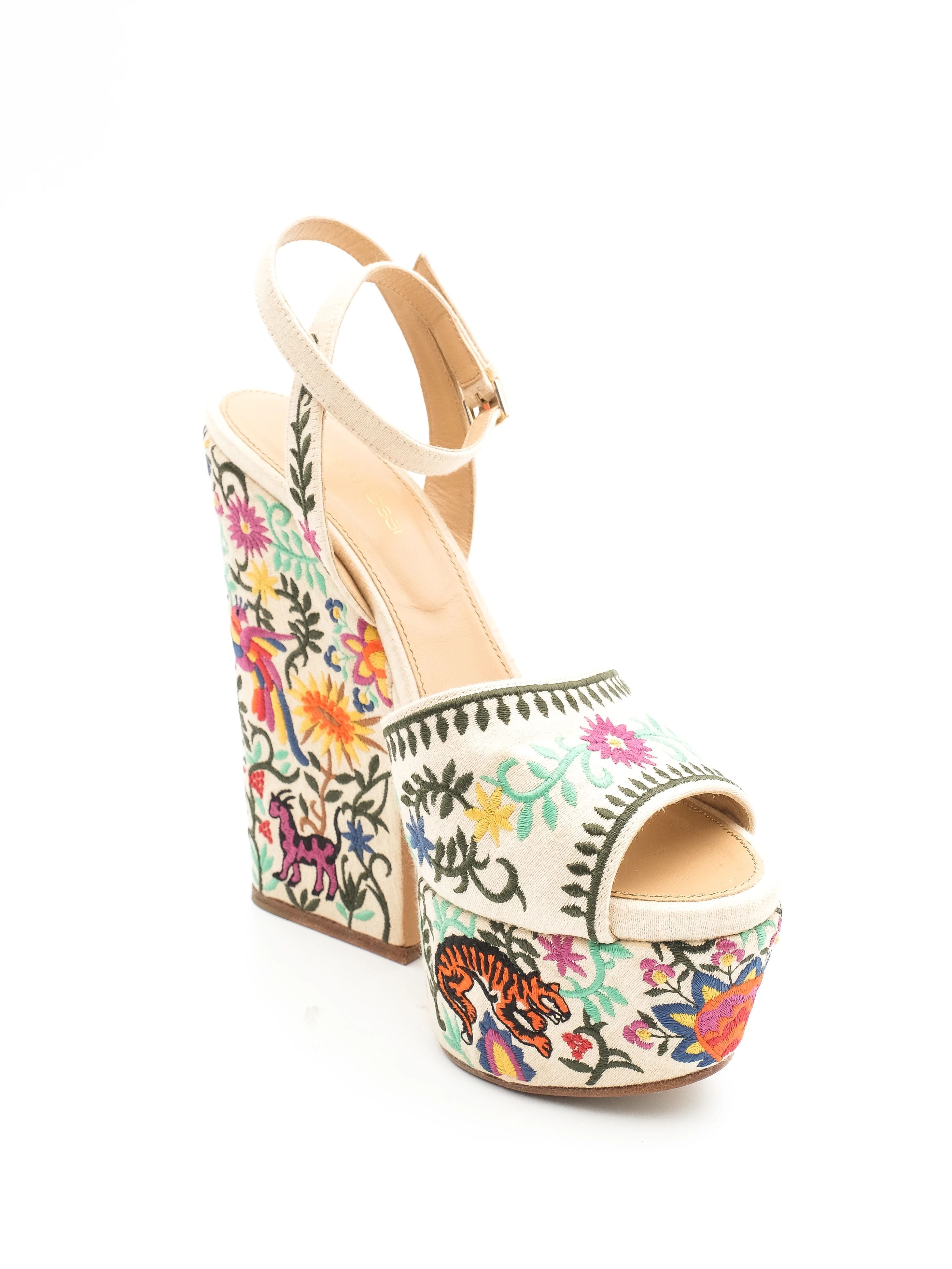 Excellent Sergio Rossi Platform Sandals Floral Embroidered Size 38