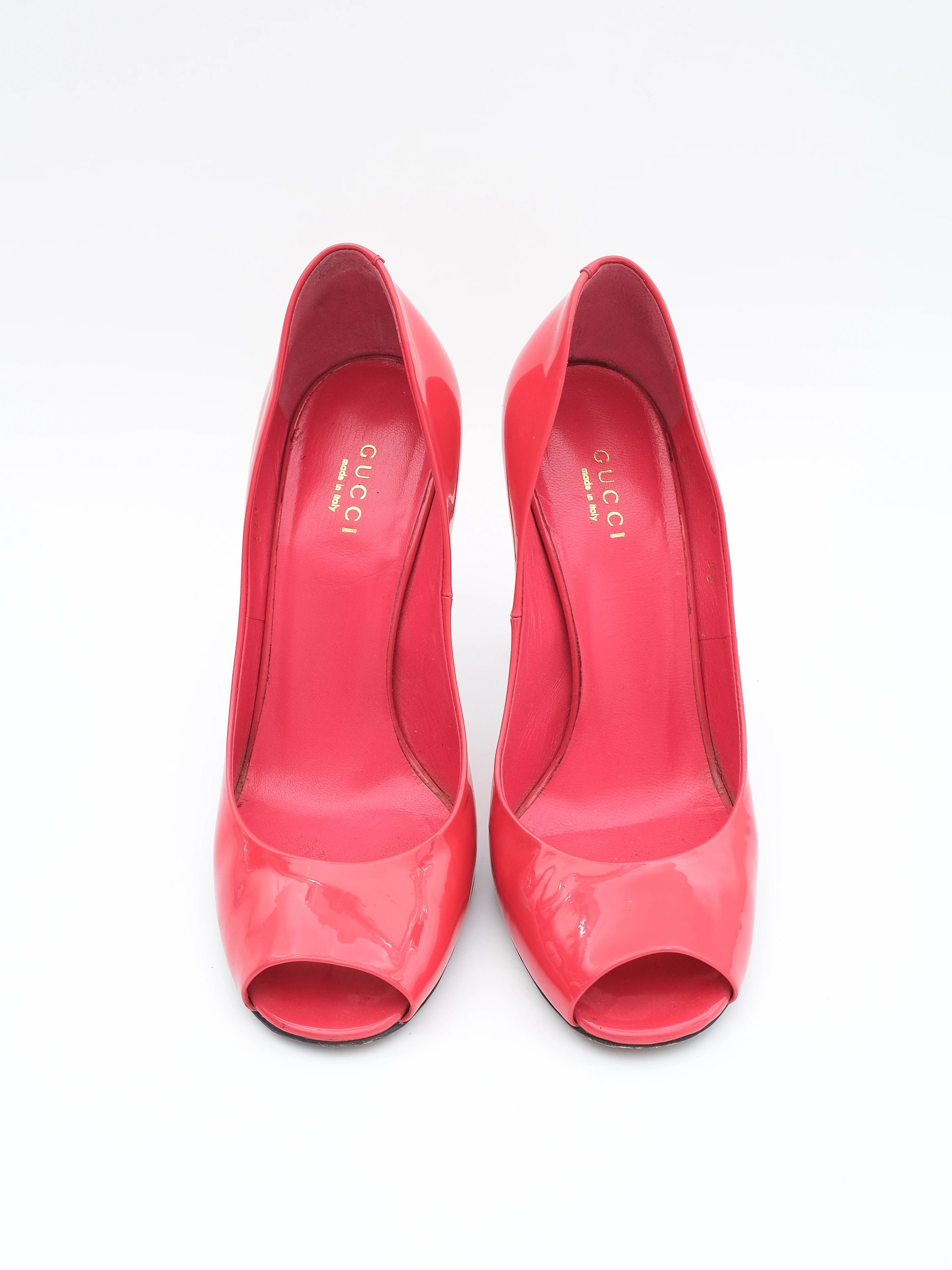 Excellent Gucci Red Leather Peep-Toe Stiletto Heels Size 36