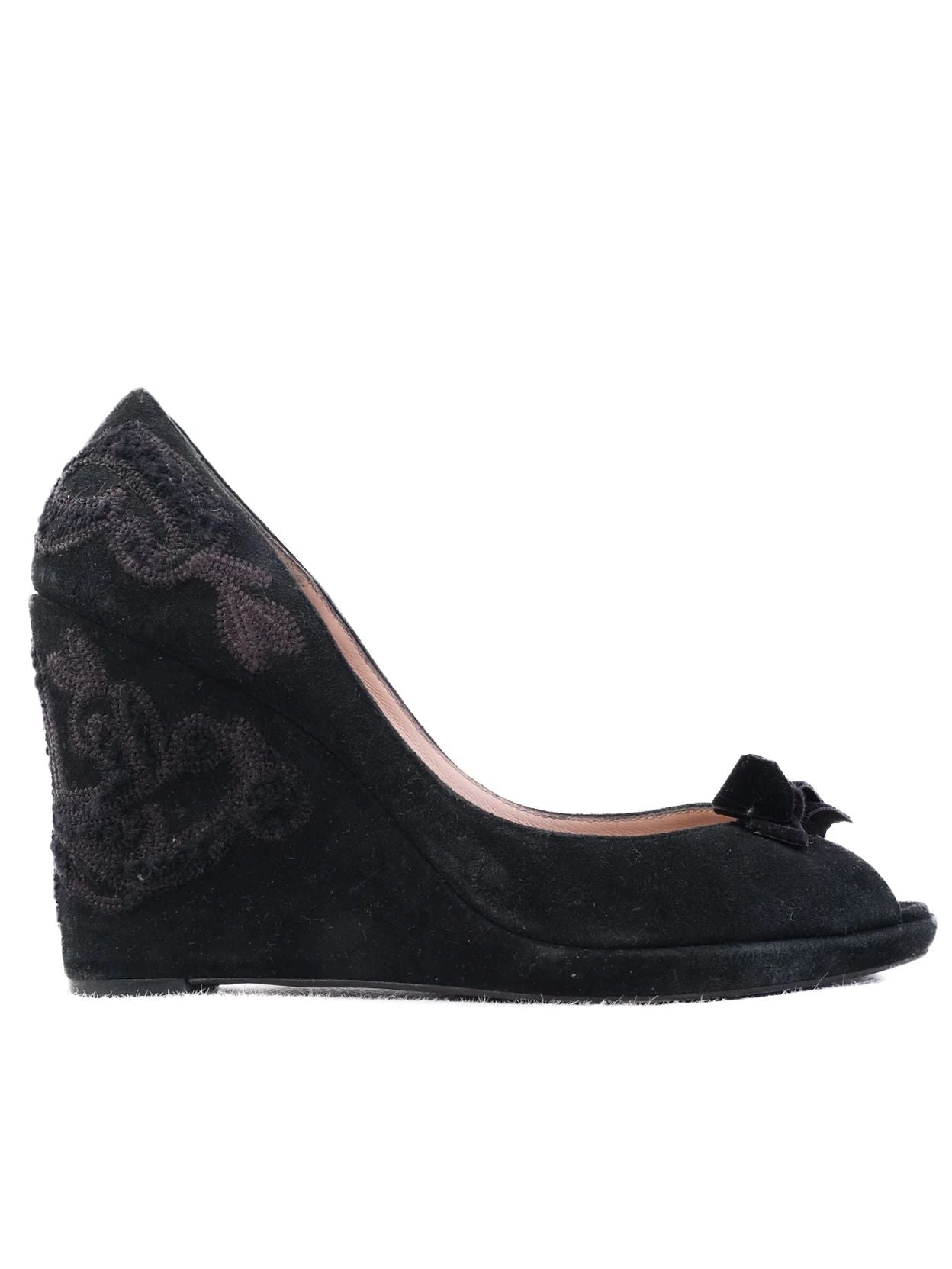 Excellent Oscar de la Renta Black Leather Wedge Heel Shoes Size 38