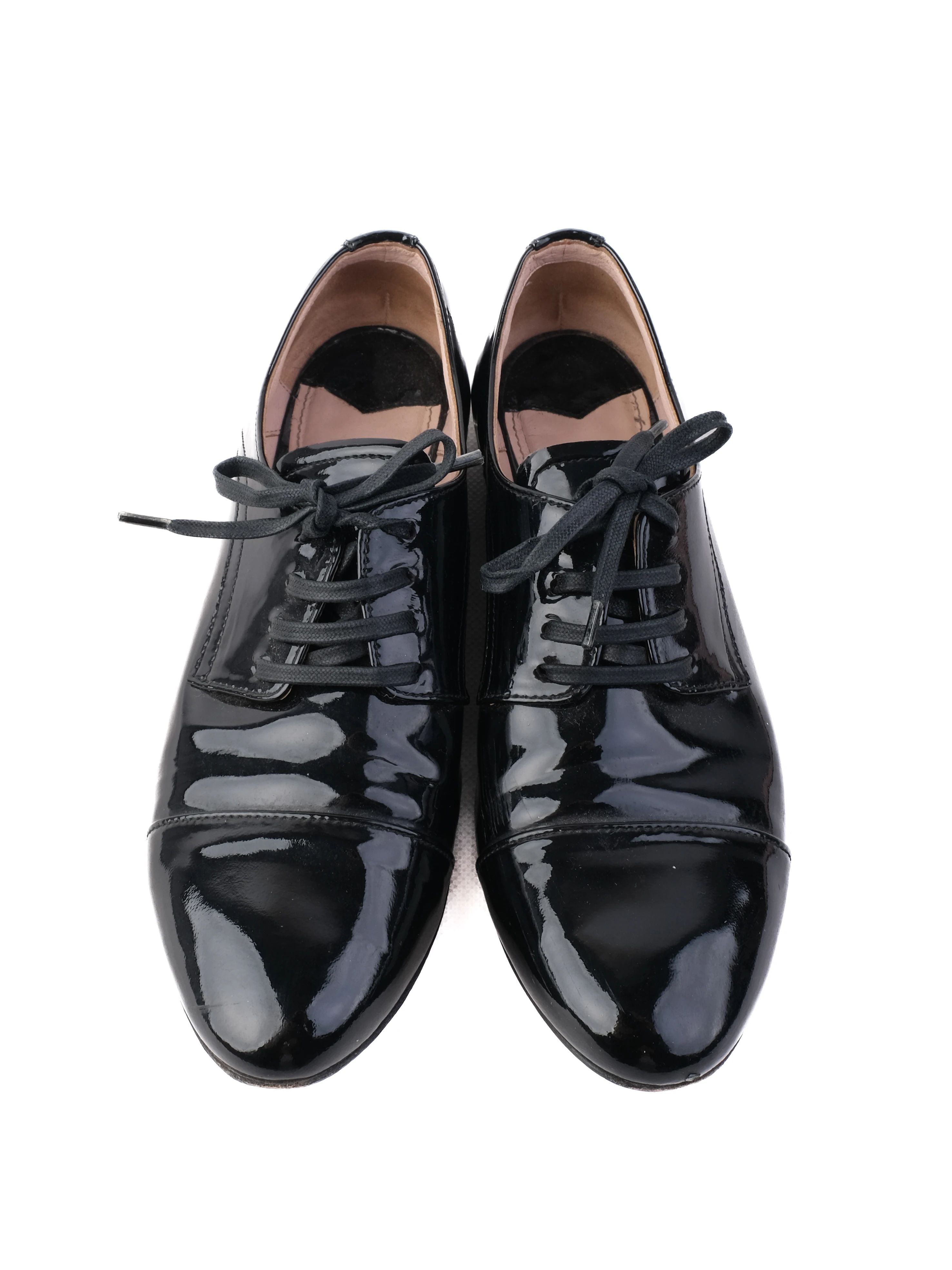 Excellent Miu Miu Black Leather Dress Shoes Size 36.5 with Rhinestones