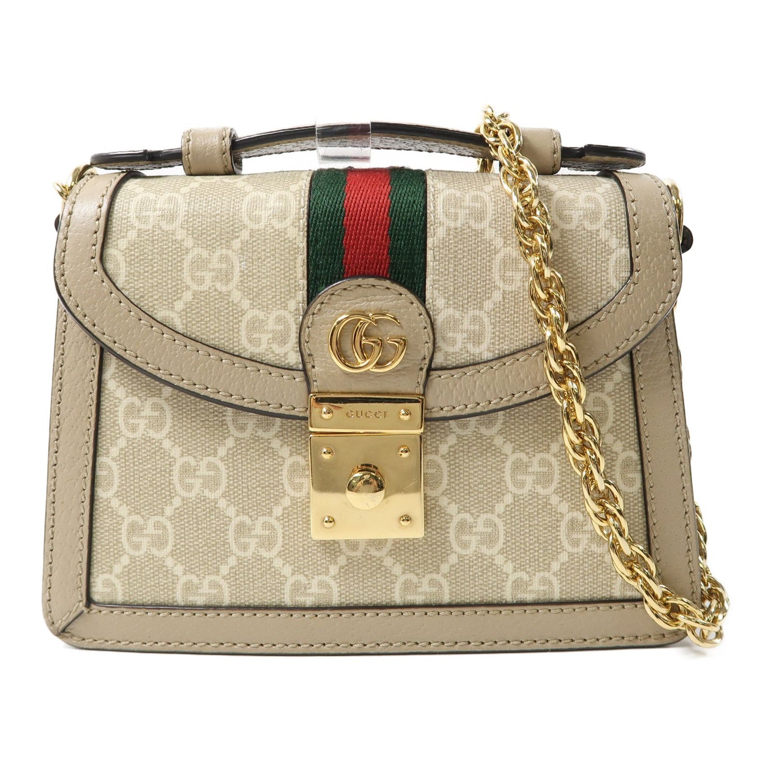 Gucci GG Supreme Monogram Textured Dollar Calfskin Web Mini Ophidia Padlock Top Handle Chain Shoulder Bag
