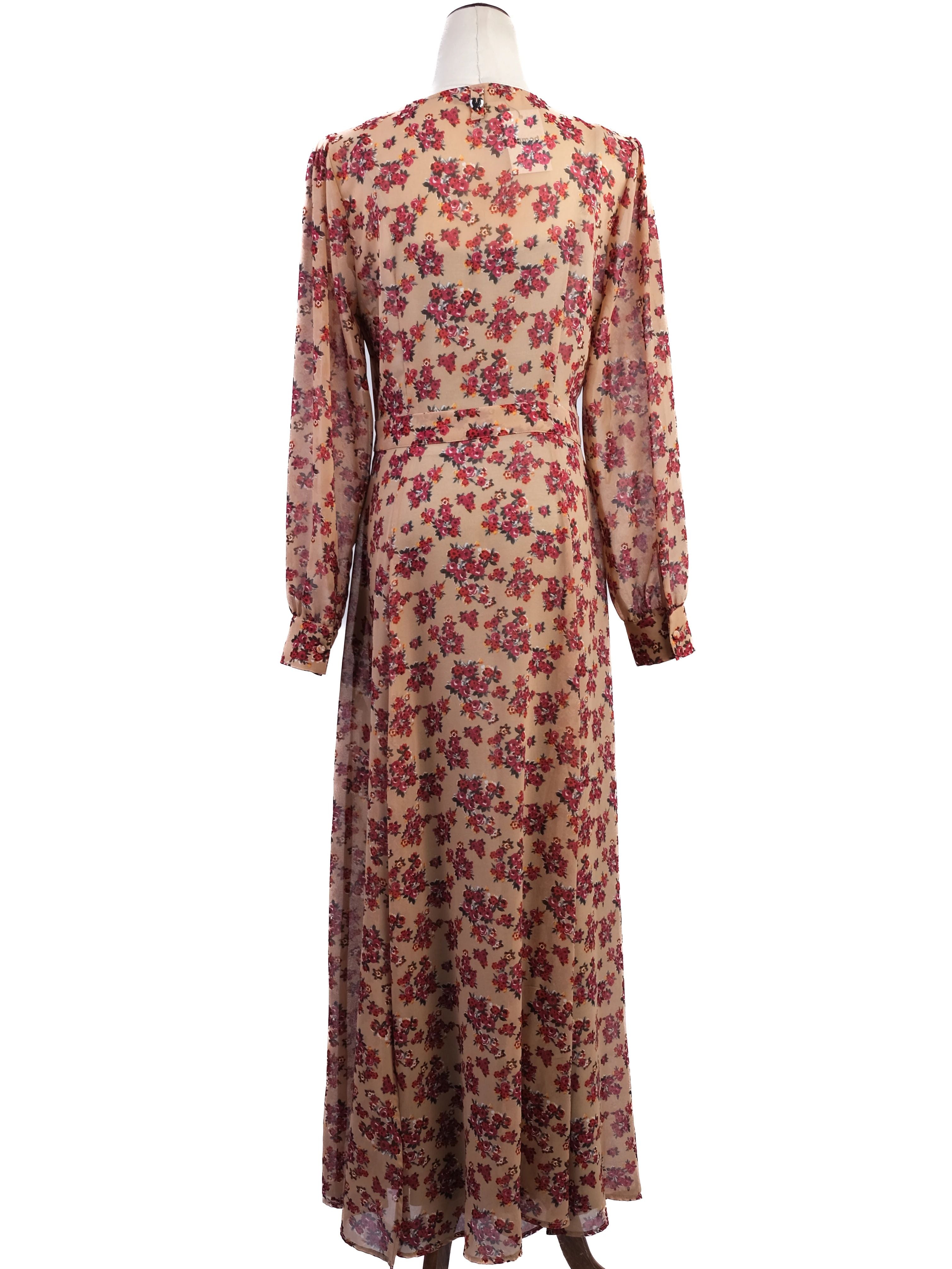Excellent TWINSET Floral Dress Beige Red Size S Long Sleeve V-neck