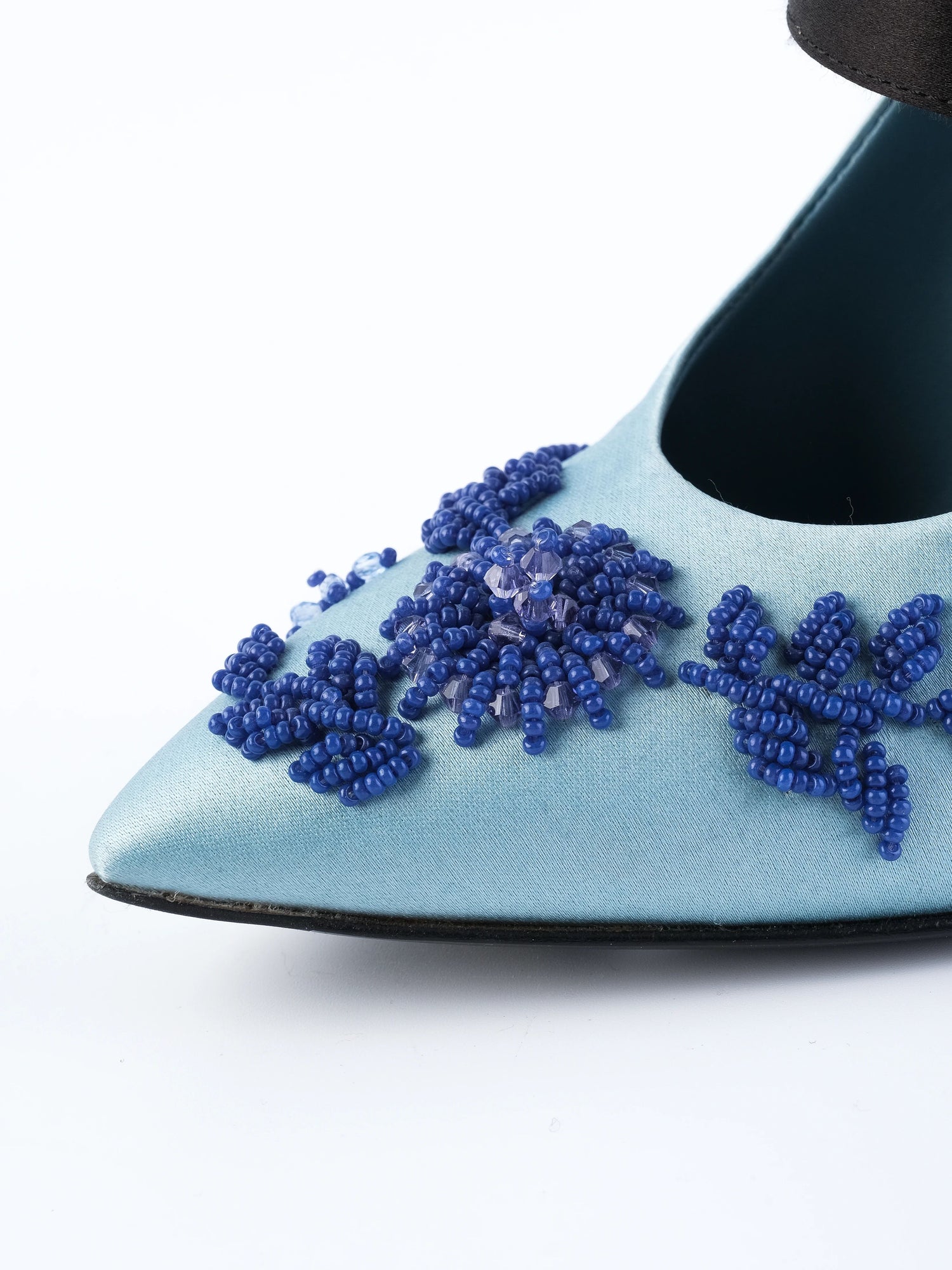 Excellent Prada Blue Satin High-Heeled Shoes with Beaded Embellishments