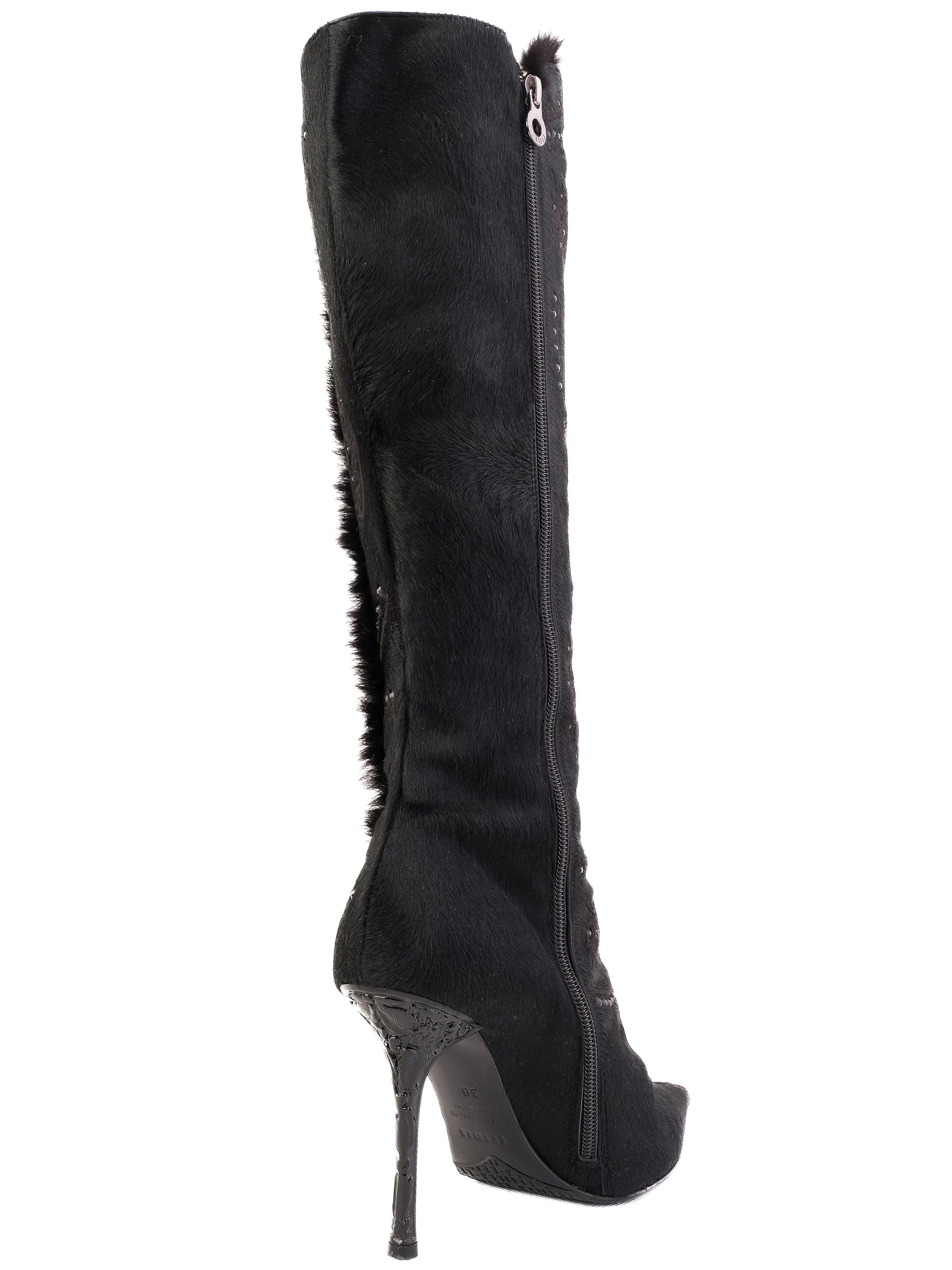 Excellent Lesilla Black Knee-High Stiletto Boots with Fur-Like Texture