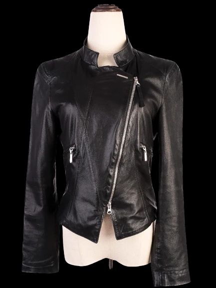 Excellent Escada Black Leather Jacket XXS with Mesh Back