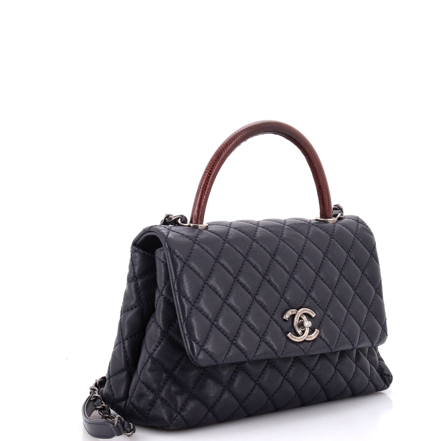 Chanel Coco Top Handle Bag Quilted Caviar With Lizard Small