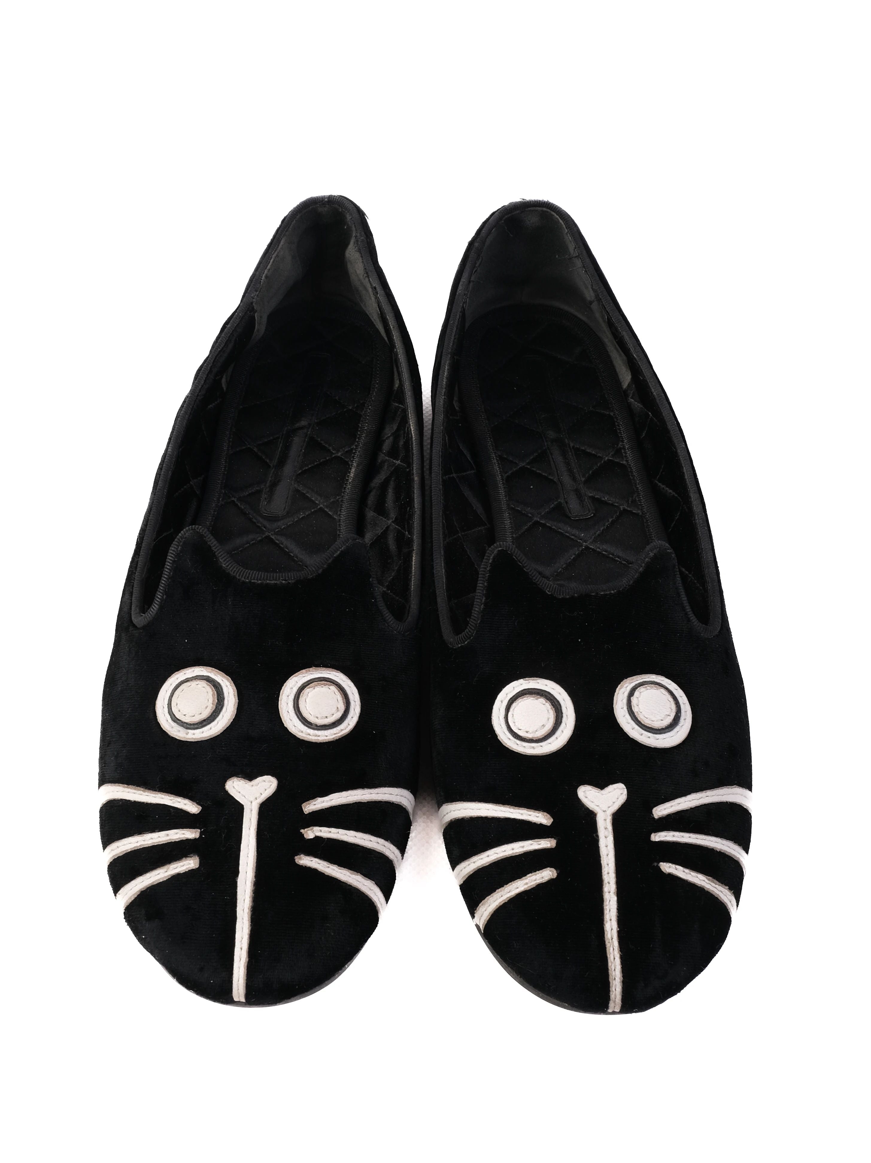 NEW Marc Jacobs Black Velvet Cat Face Flat Shoes Size 41