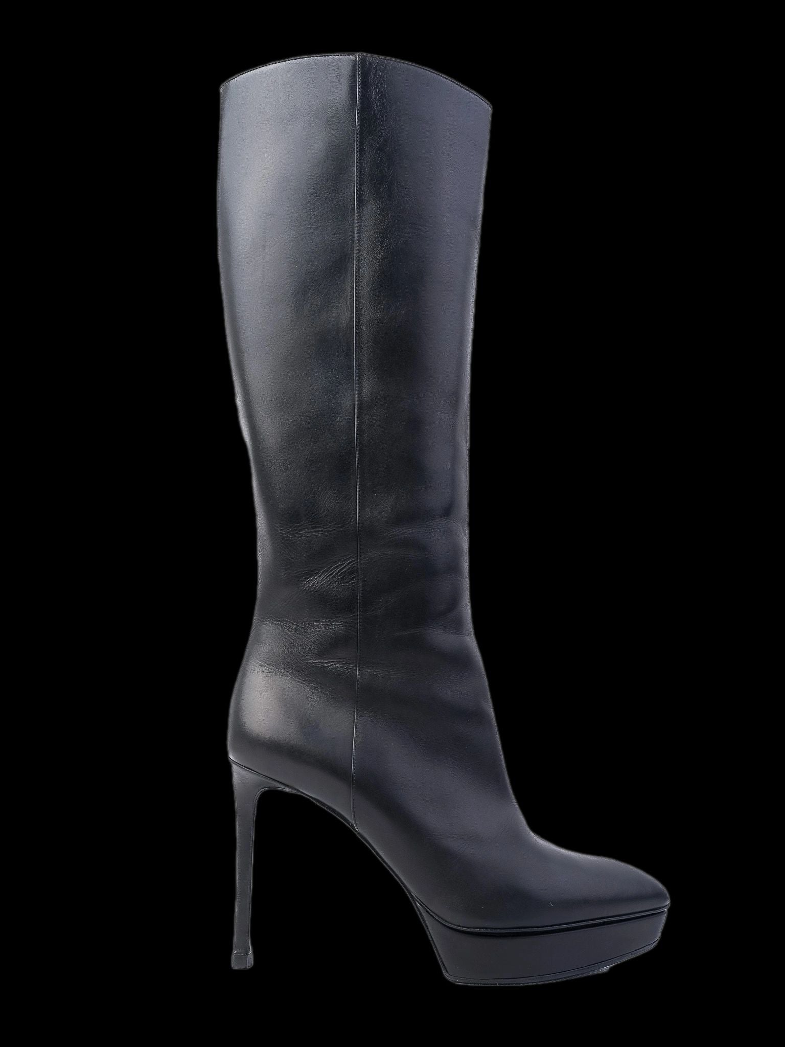 Excellent Saint Laurent Black Leather High-Heeled Boots Size 38