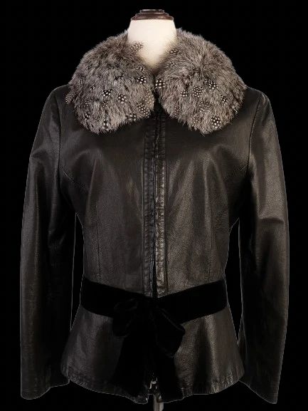 Excellent Emporio Armani Black Leather Jacket Size S with Bow