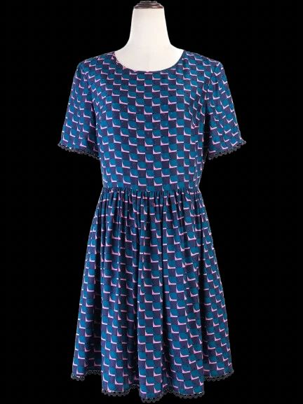 Excellent Kenzo Silk Dress Blue Pink Pattern Size L