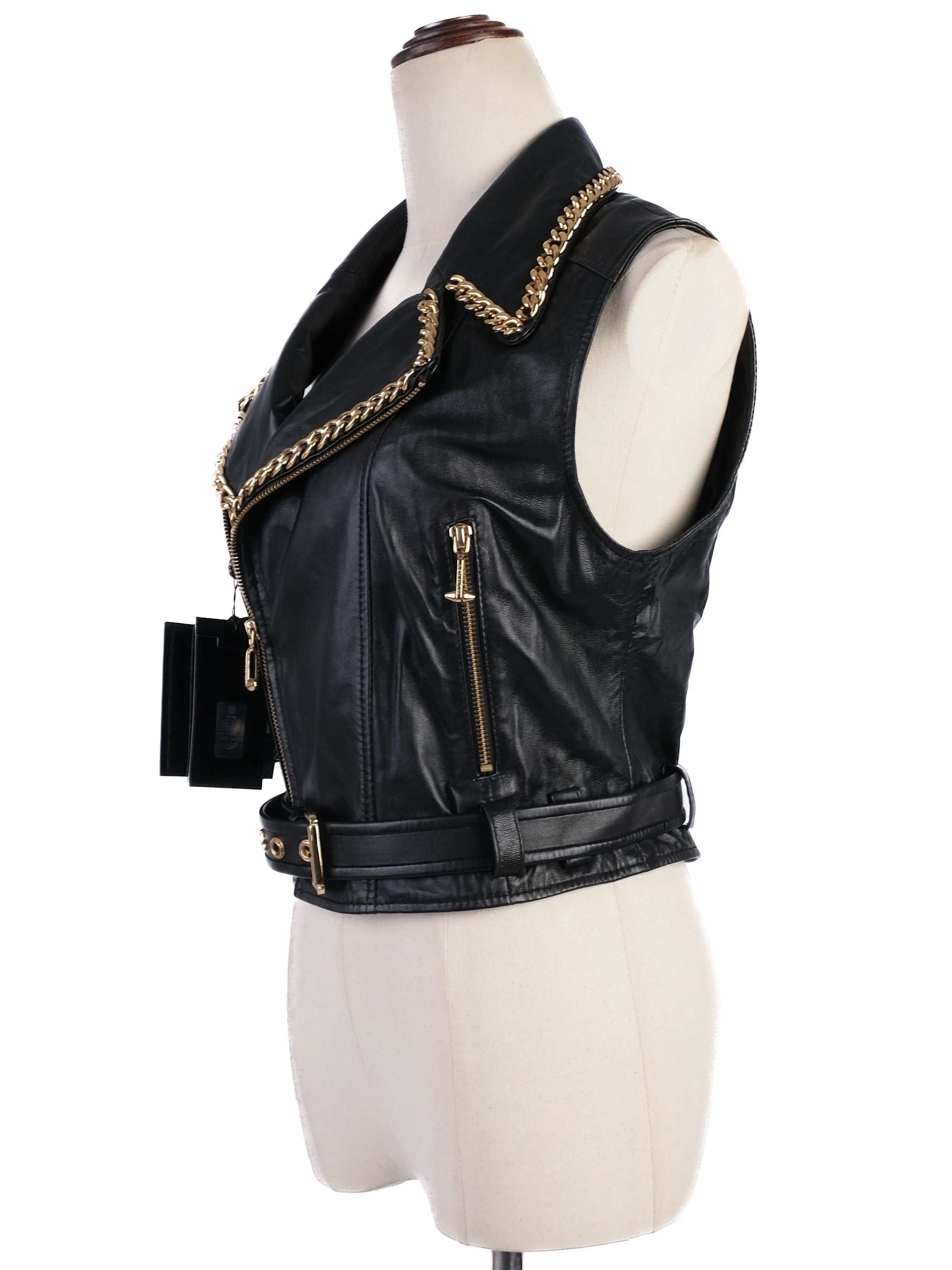 NEW Phillipp Plein Black Leather Vest M with Gold Chain Accents