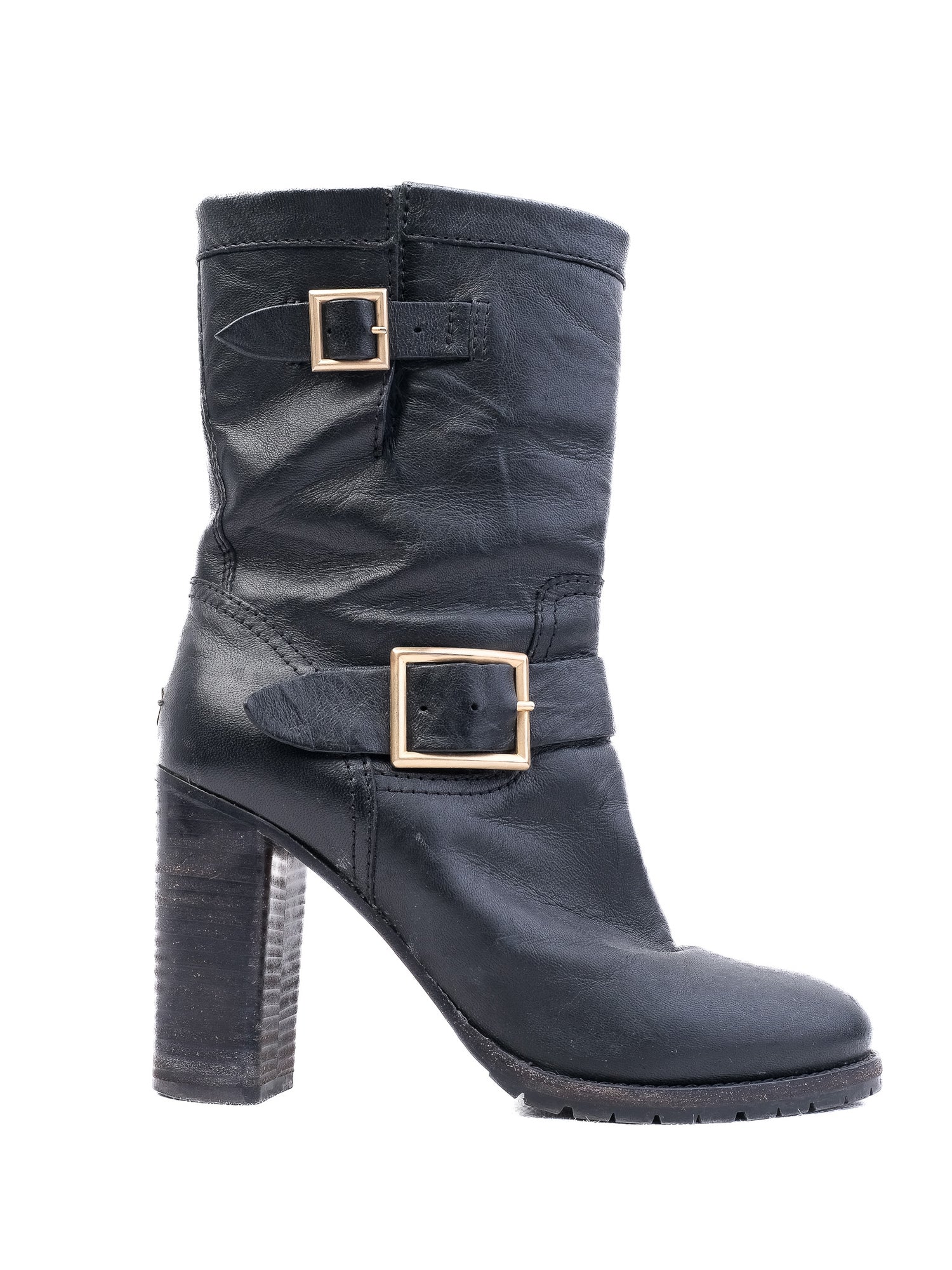 Excellent Jimmy Choo Black Leather Heeled Boots with Buckles Size 38