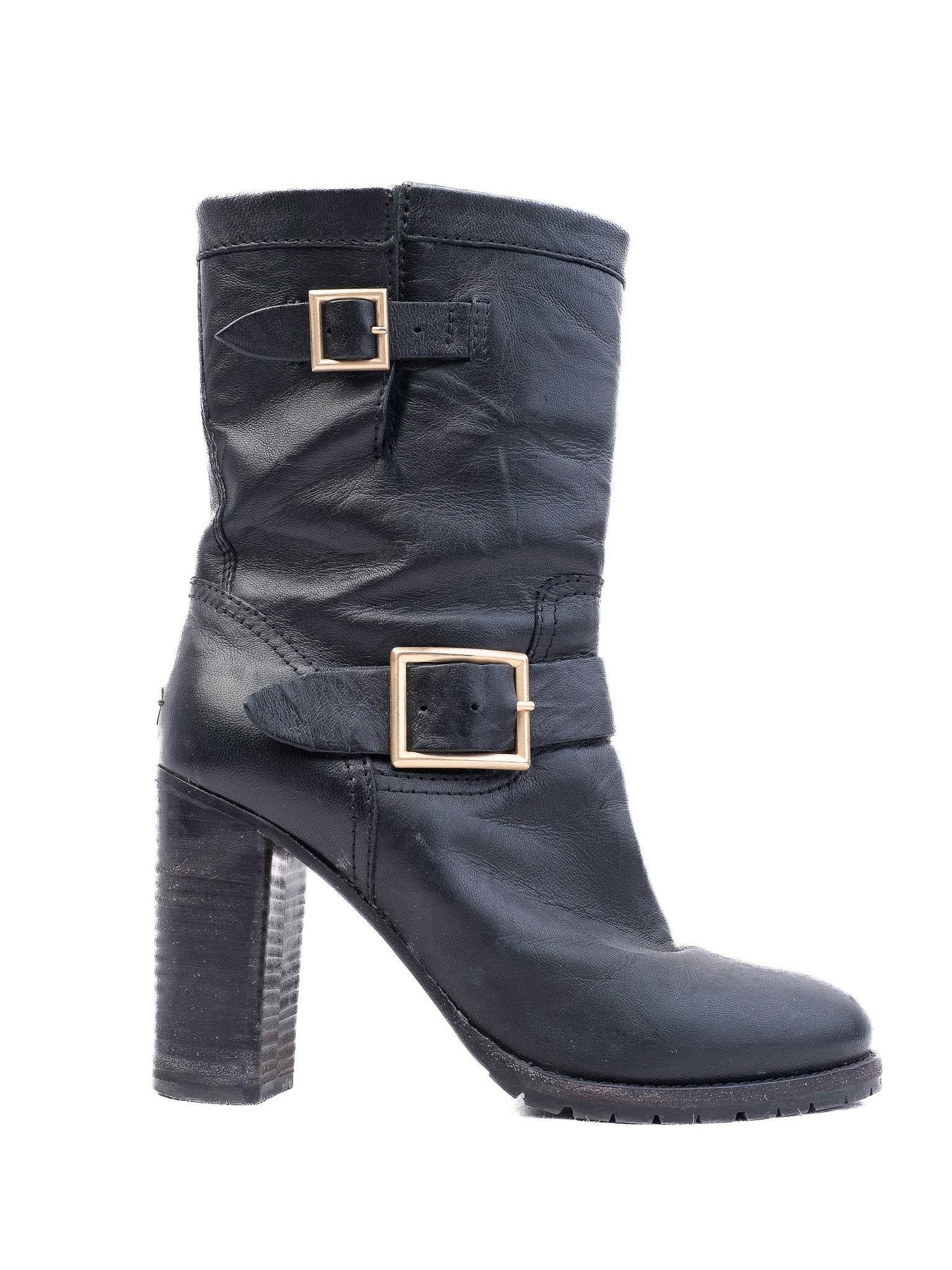 Excellent Jimmy Choo Black Leather Heeled Boots with Buckles Size 38