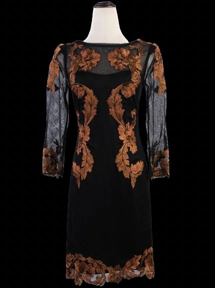 Excellent Karen Millen Black Dress Orange Floral Embroidery Size S