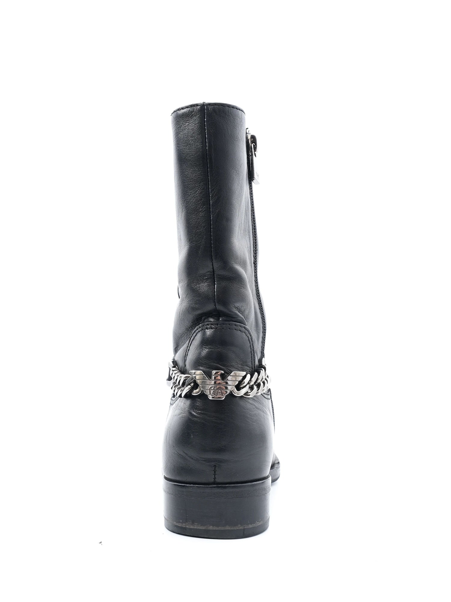 Excellent Emporio Armani Black Leather Boots with Chain Detail Size 40.5