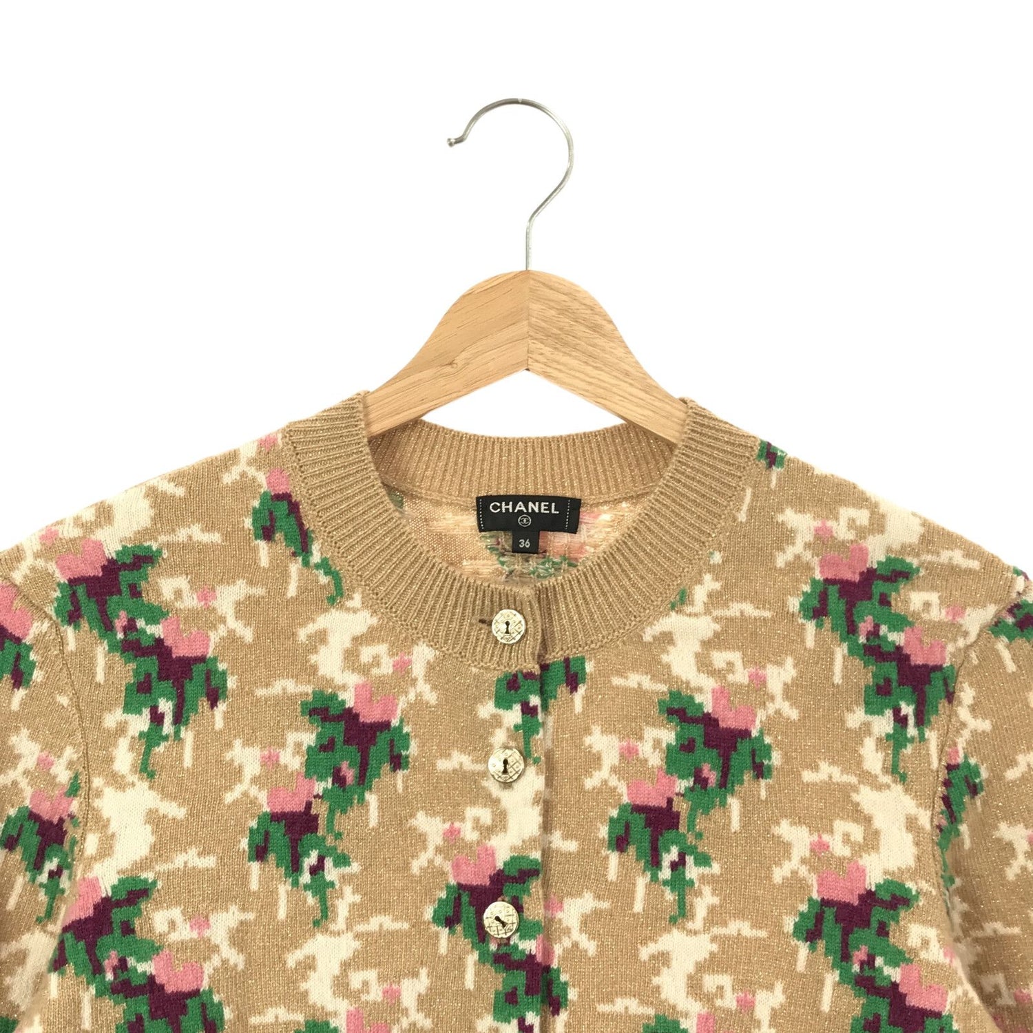 Chanel Floral Knit Cardigan Set Ensemble Brown Cashmere 36