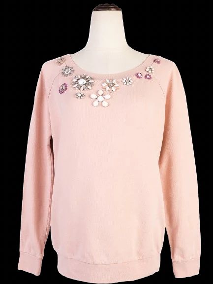 Excellent Intrend Pink Cotton Sweater Size S with Floral Embellishments