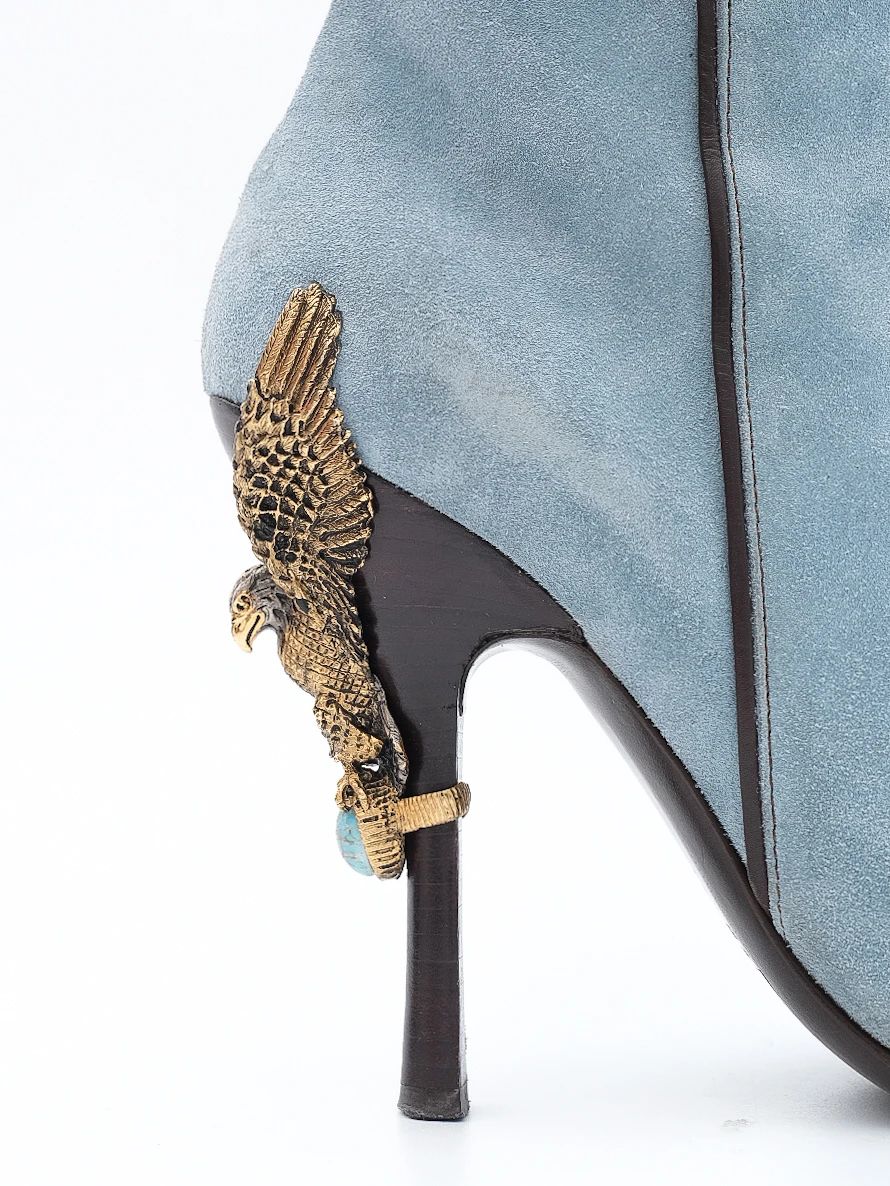 Excellent Vicini Blue Leather High-Heeled Boots with Eagle Design, Size 38