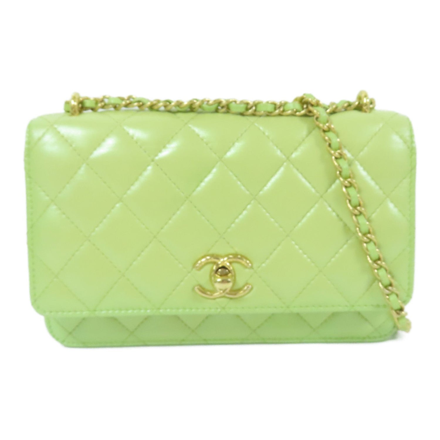 Chanel Green Cowhide Leather Woc Wallet On Chain Golden Cross Shoulder Back Bag Calfskin (cowhide) Ap 31