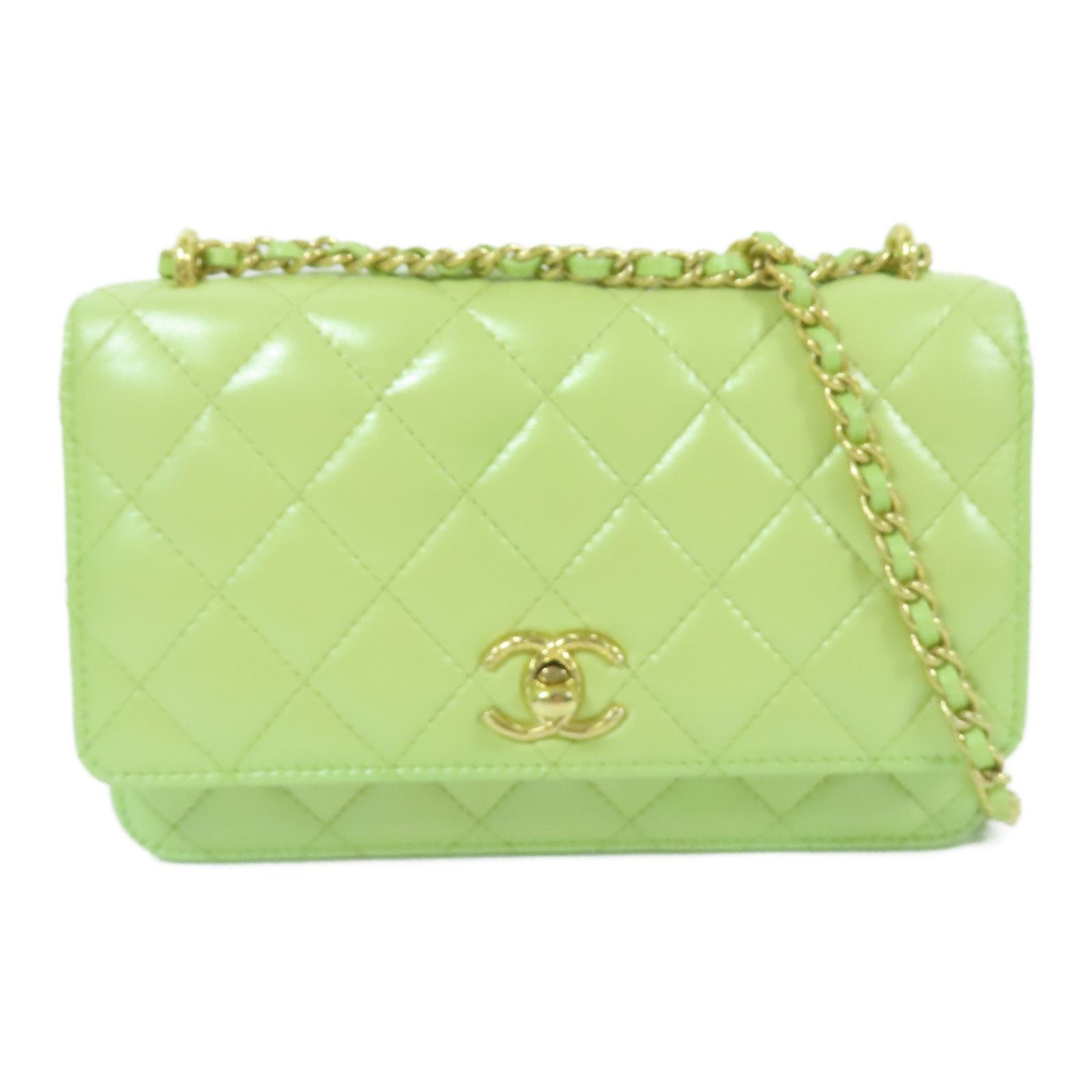 Chanel Green Cowhide Leather Woc Wallet On Chain Golden Cross Shoulder Back Bag Calfskin (cowhide) Ap 31